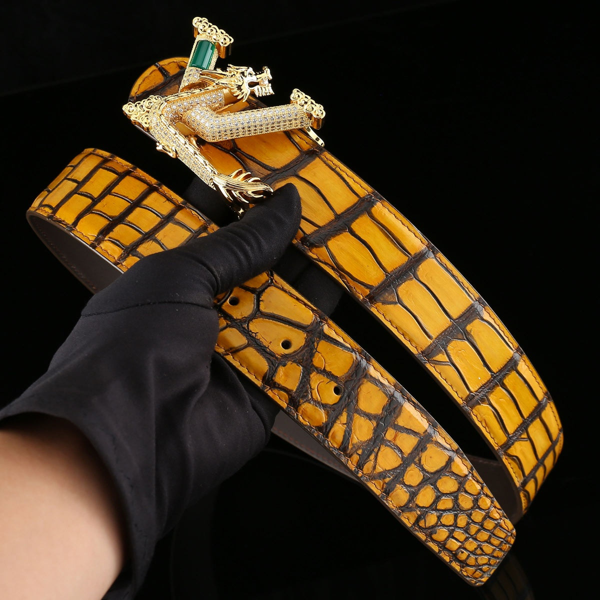 French Patina Orange Crocodile Leather Belt 1.5" –3D Dragon Buckle — side detail | BELTLEY