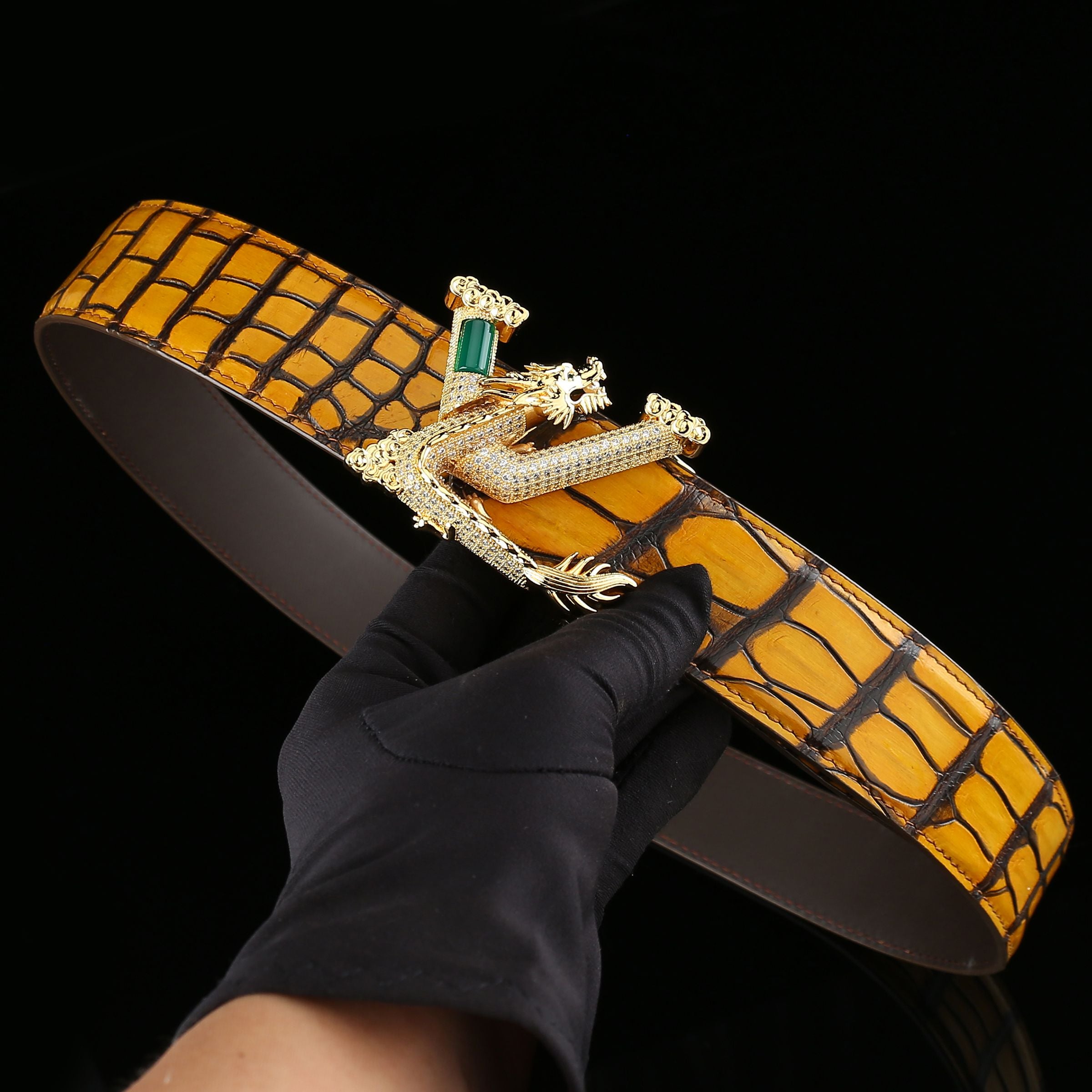 French Patina Orange Crocodile Leather Belt 1.5" –3D Dragon Buckle — edge detail | BELTLEY