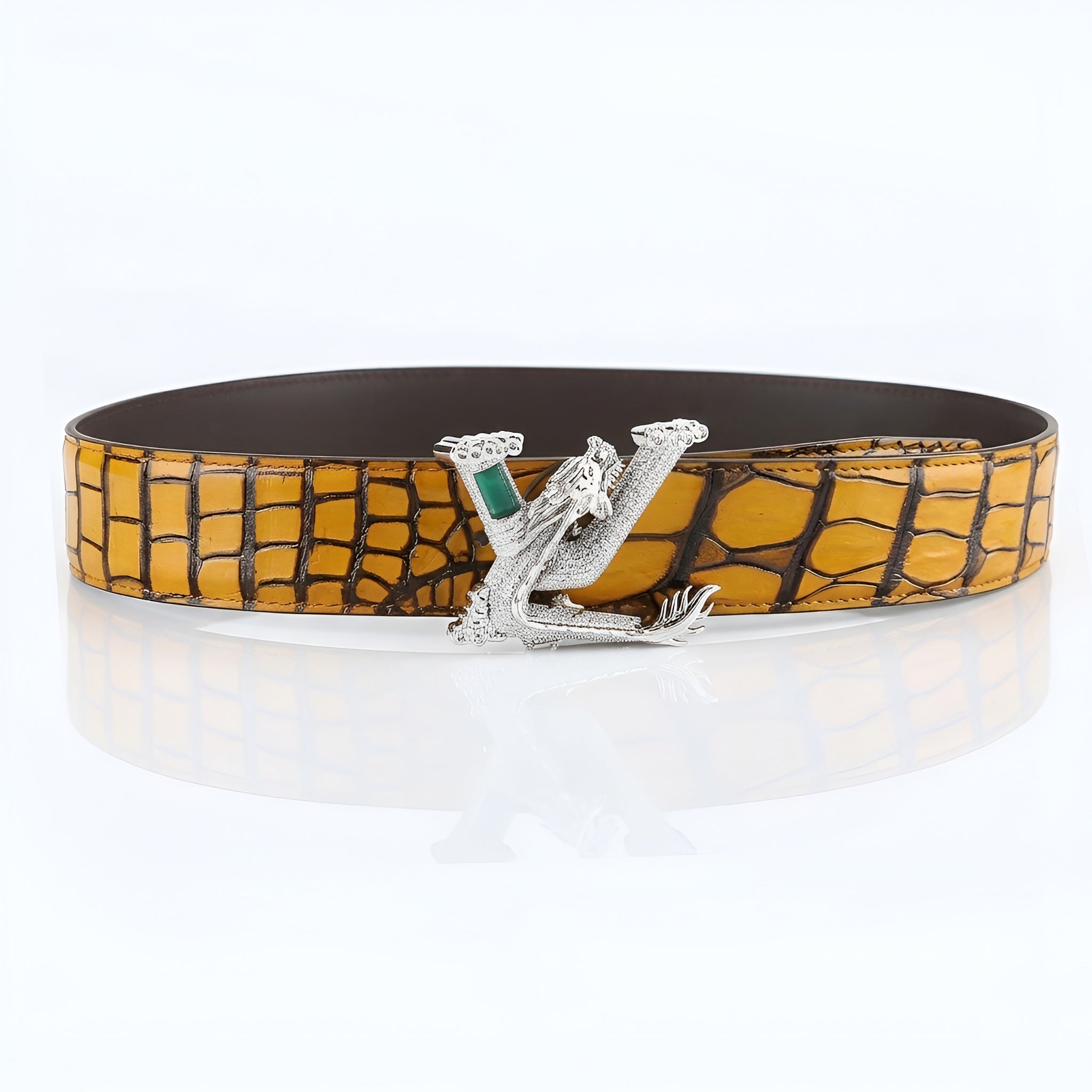 French Patina Orange Crocodile Leather Belt 1.5" –3D Dragon Buckle — buckle close-up | BELTLEY