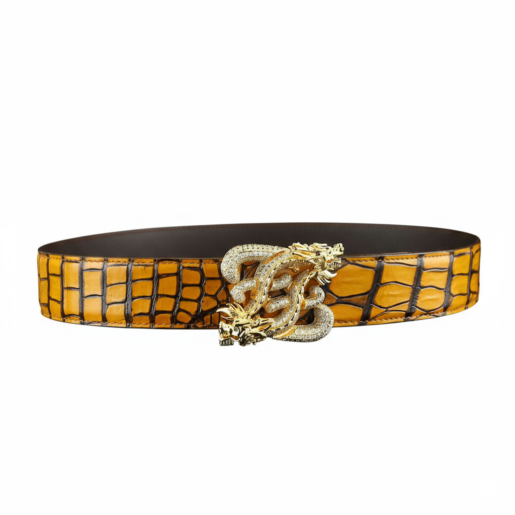 BELTLEY French Patina Nile Crocodile Belt — Dragon Signature Buckle (Yellow)