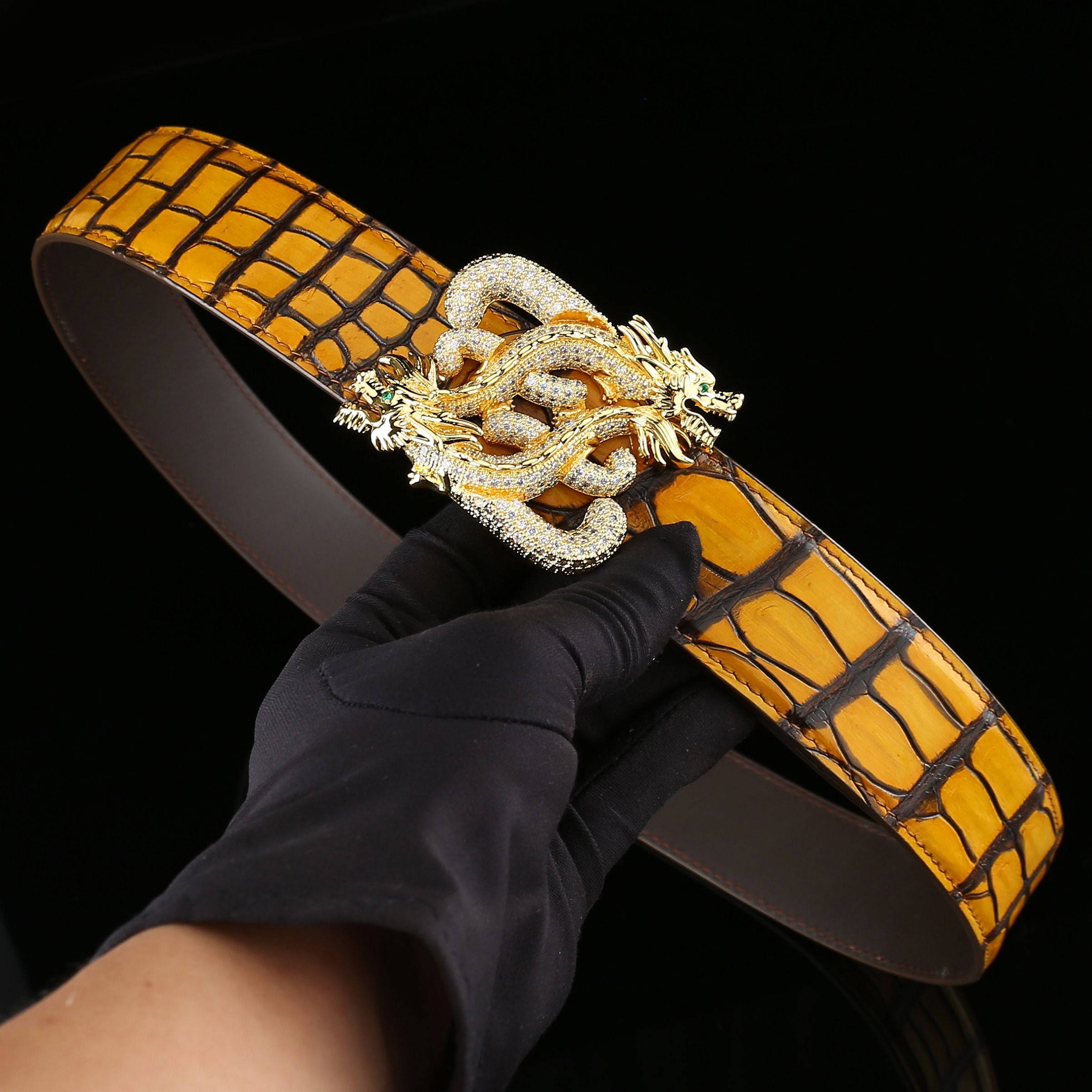 BELTLEY French Patina Nile Crocodile Belt — Dragon Signature Buckle (Yellow)