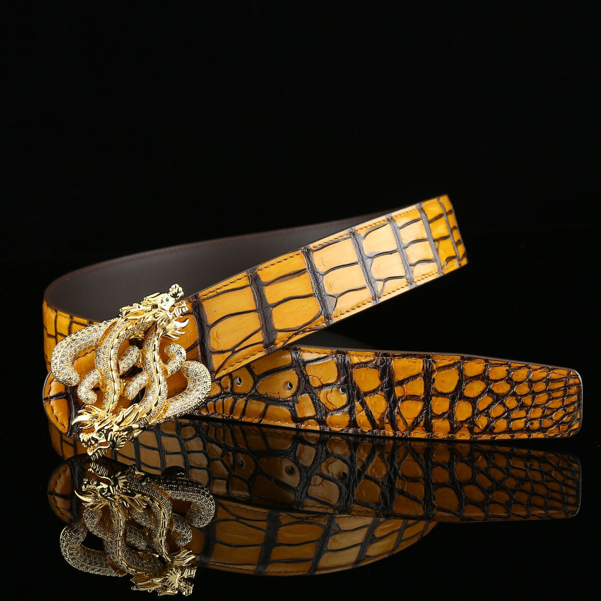 BELTLEY French Patina Nile Crocodile Belt — Dragon Signature Buckle (Yellow)