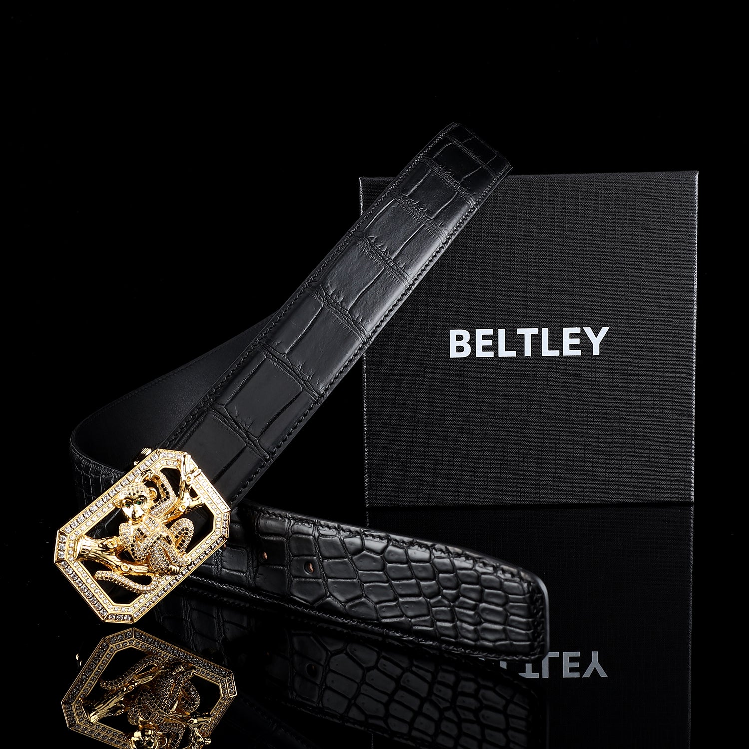 BELTLEY Genuine Black Crocodile Belt with Monkey Buckle For Men