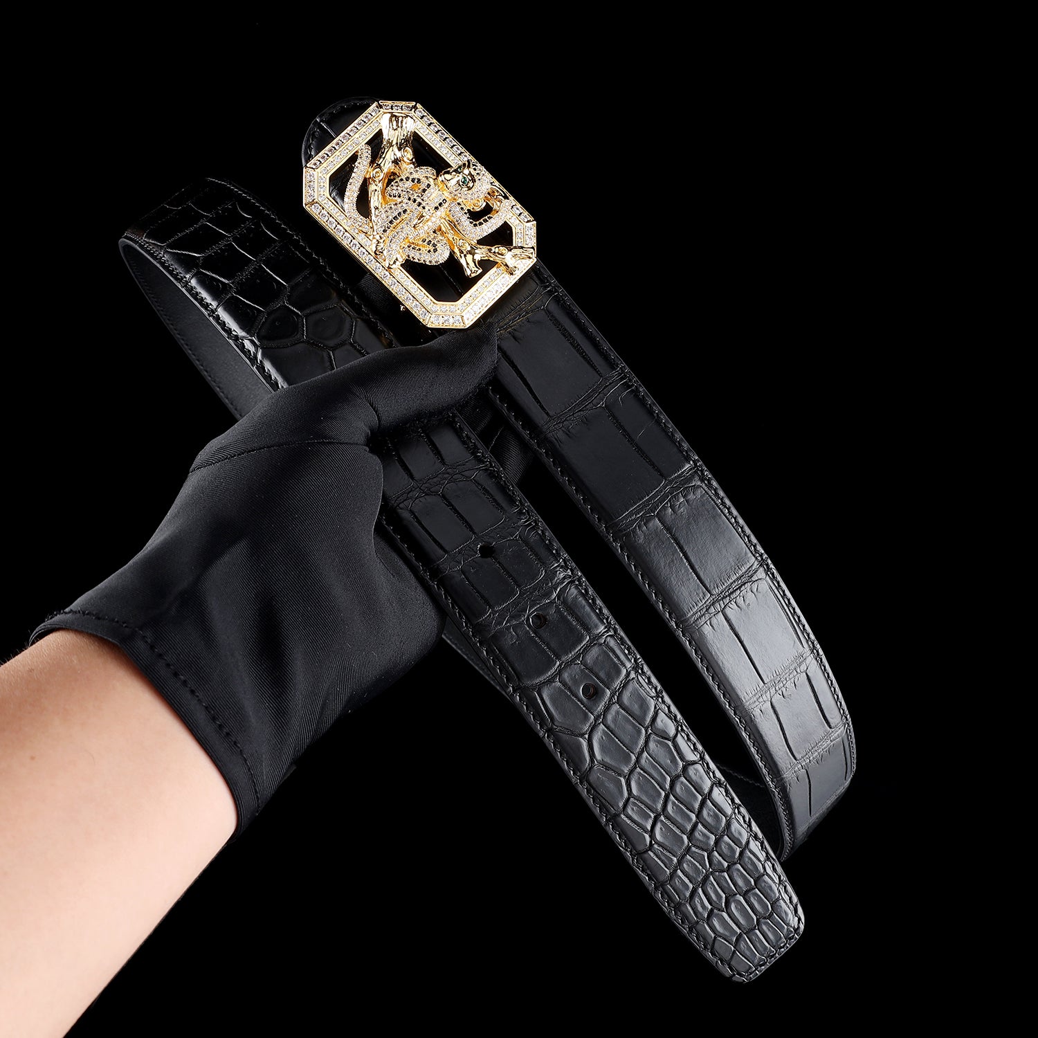 BELTLEY Genuine Black Crocodile Belt with Monkey Buckle For Men