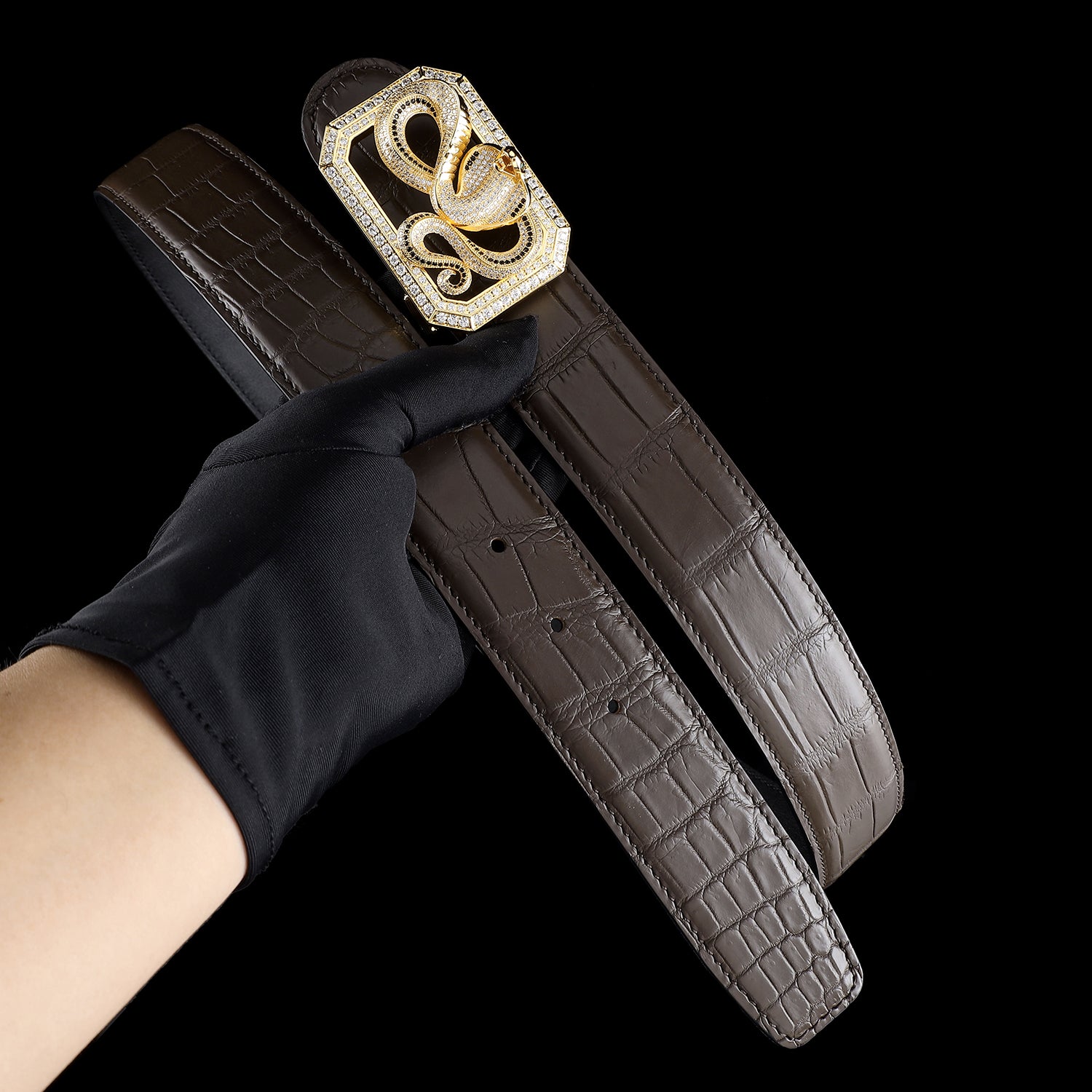 BELTLEY Genuine Crocodile Leather Snake Buckle Belt