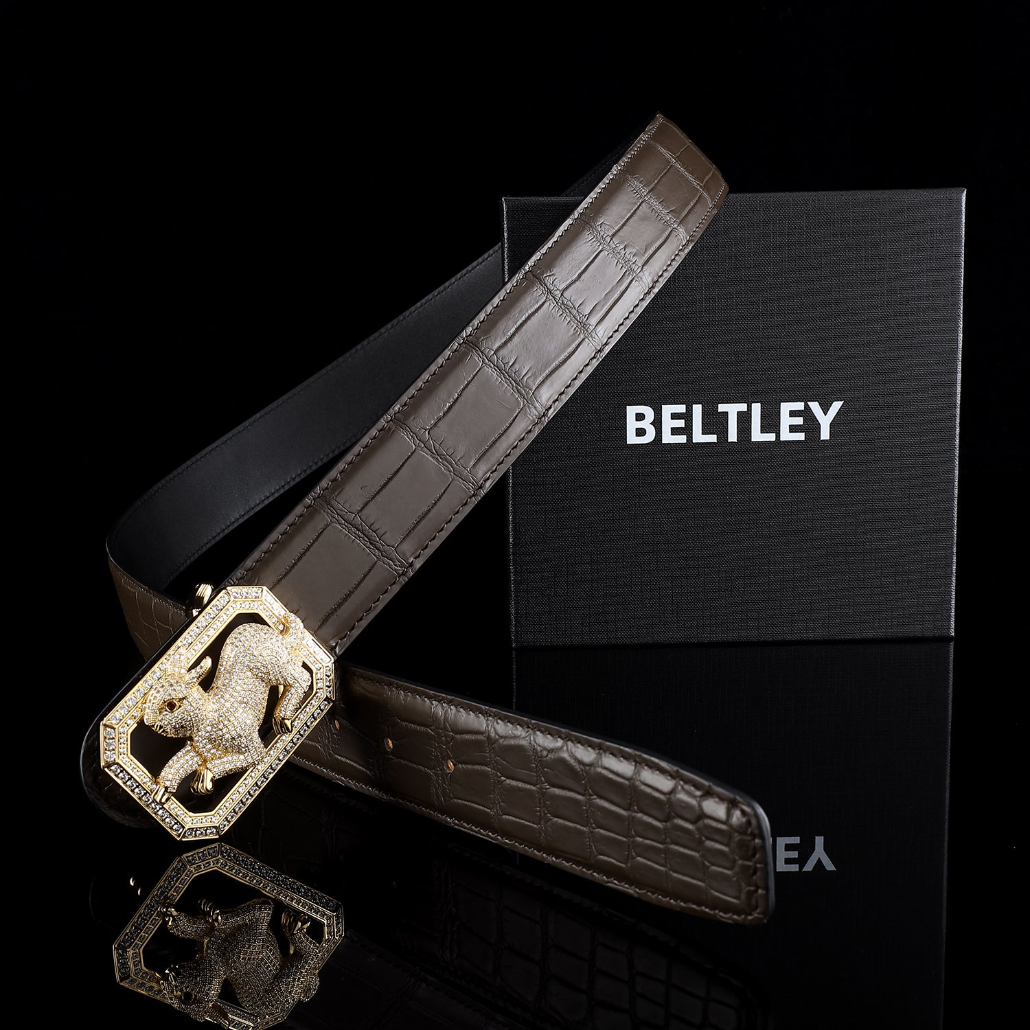 BELTLEY Genuine Dark Brown Crocodile Belt with Rabbit Buckle