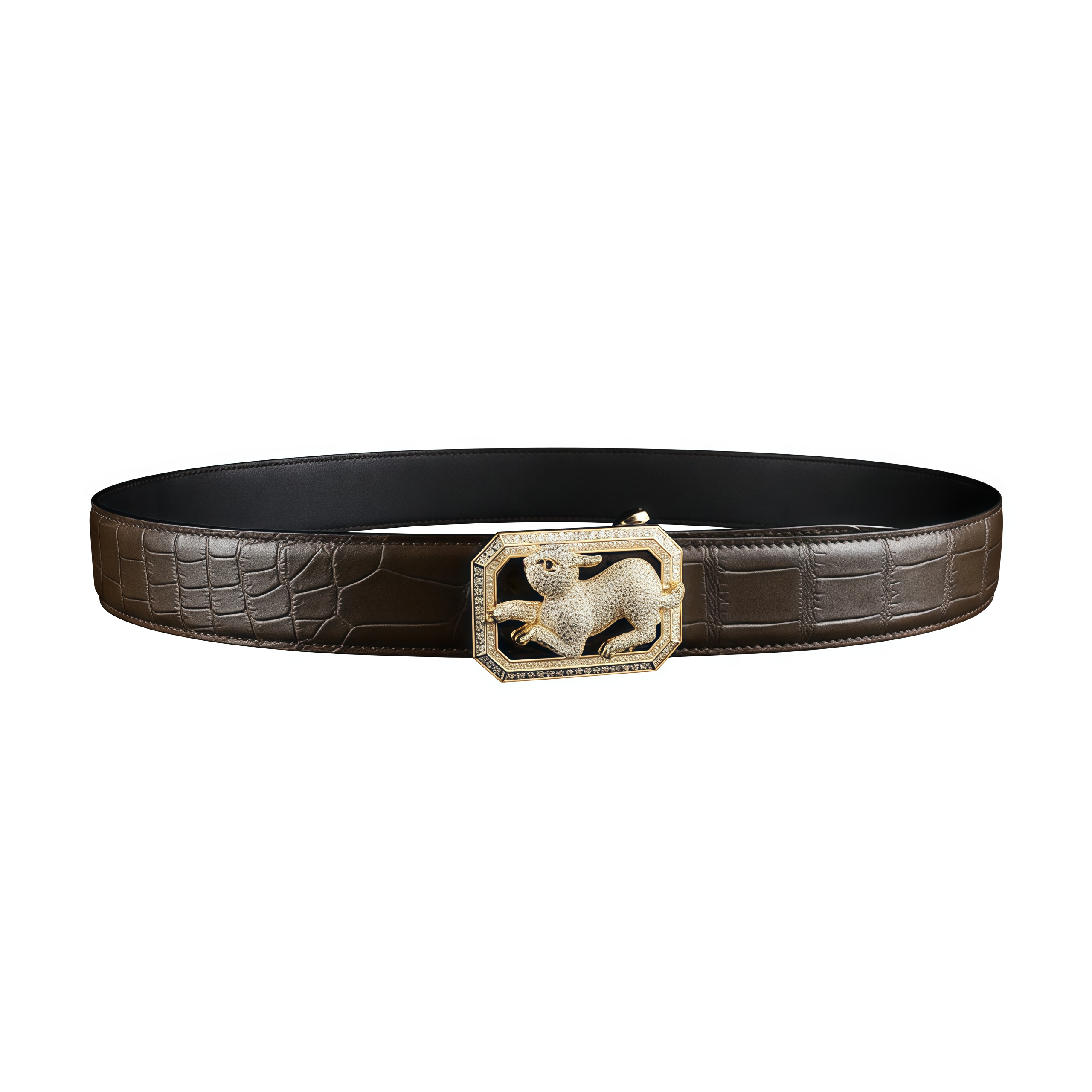 BELTLEY Genuine Dark Brown Crocodile Belt with Rabbit Buckle