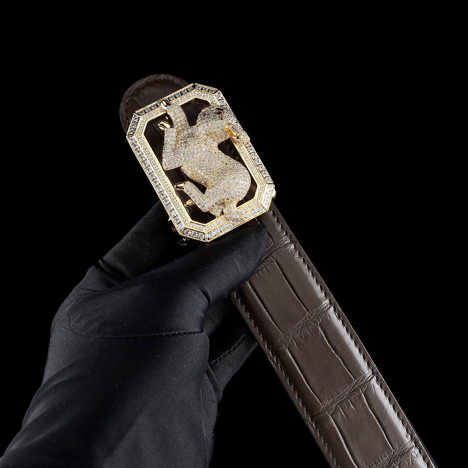 BELTLEY Genuine Dark Brown Crocodile Belt with Rabbit Buckle