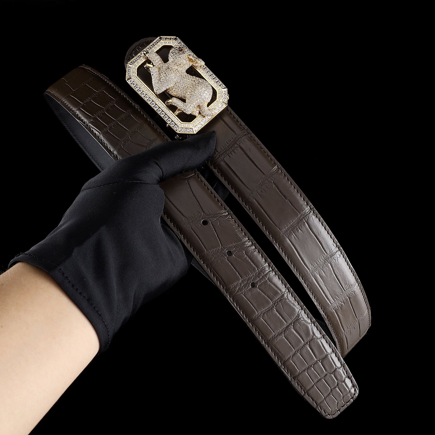 BELTLEY Genuine Dark Brown Crocodile Belt with Rabbit Buckle