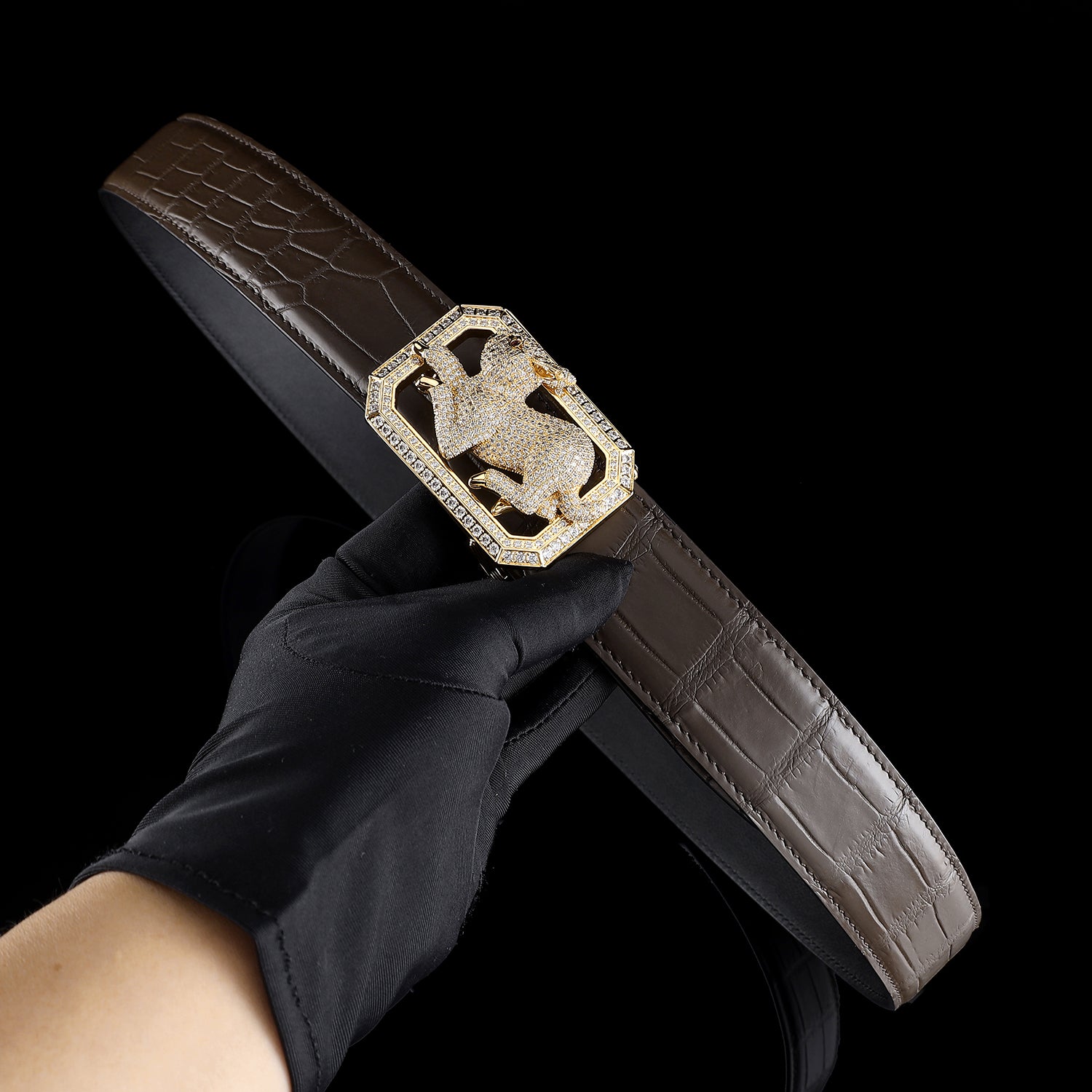 BELTLEY Genuine Dark Brown Crocodile Belt with Rabbit Buckle