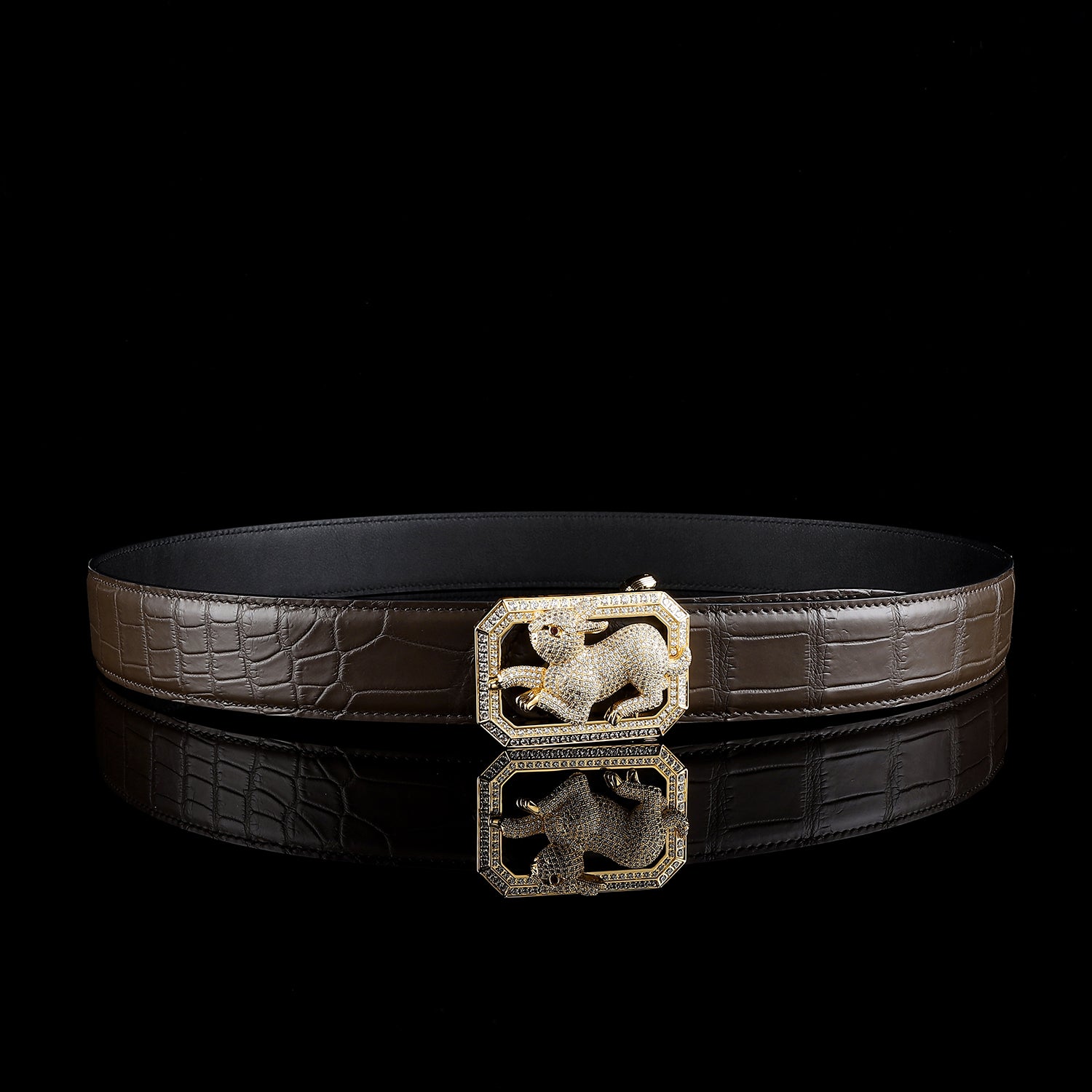 BELTLEY Genuine Dark Brown Crocodile Belt with Rabbit Buckle
