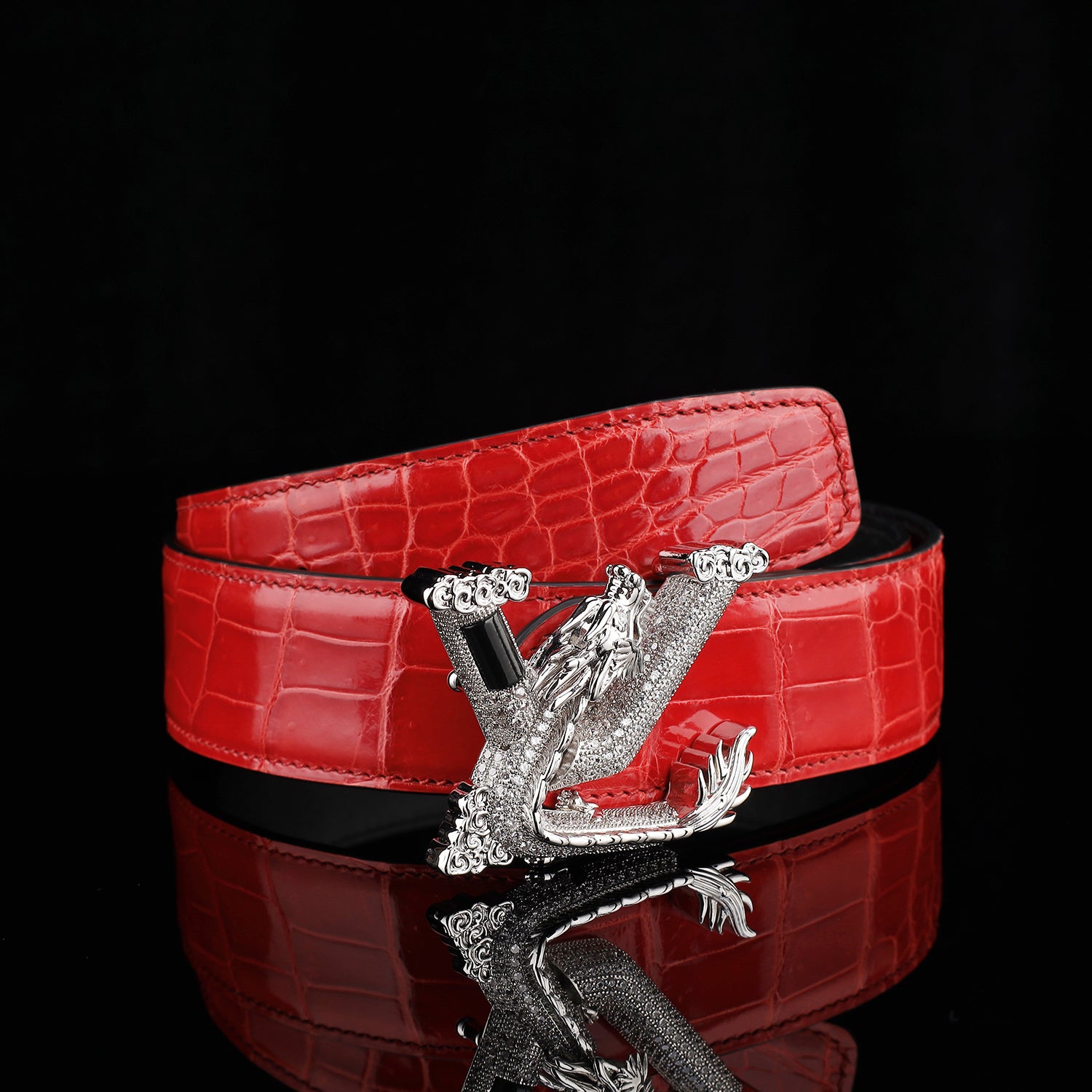 BELTLEY Glazed Imperial Ruby Red Crocodile Leather Belt – Premium Dragon Buckle