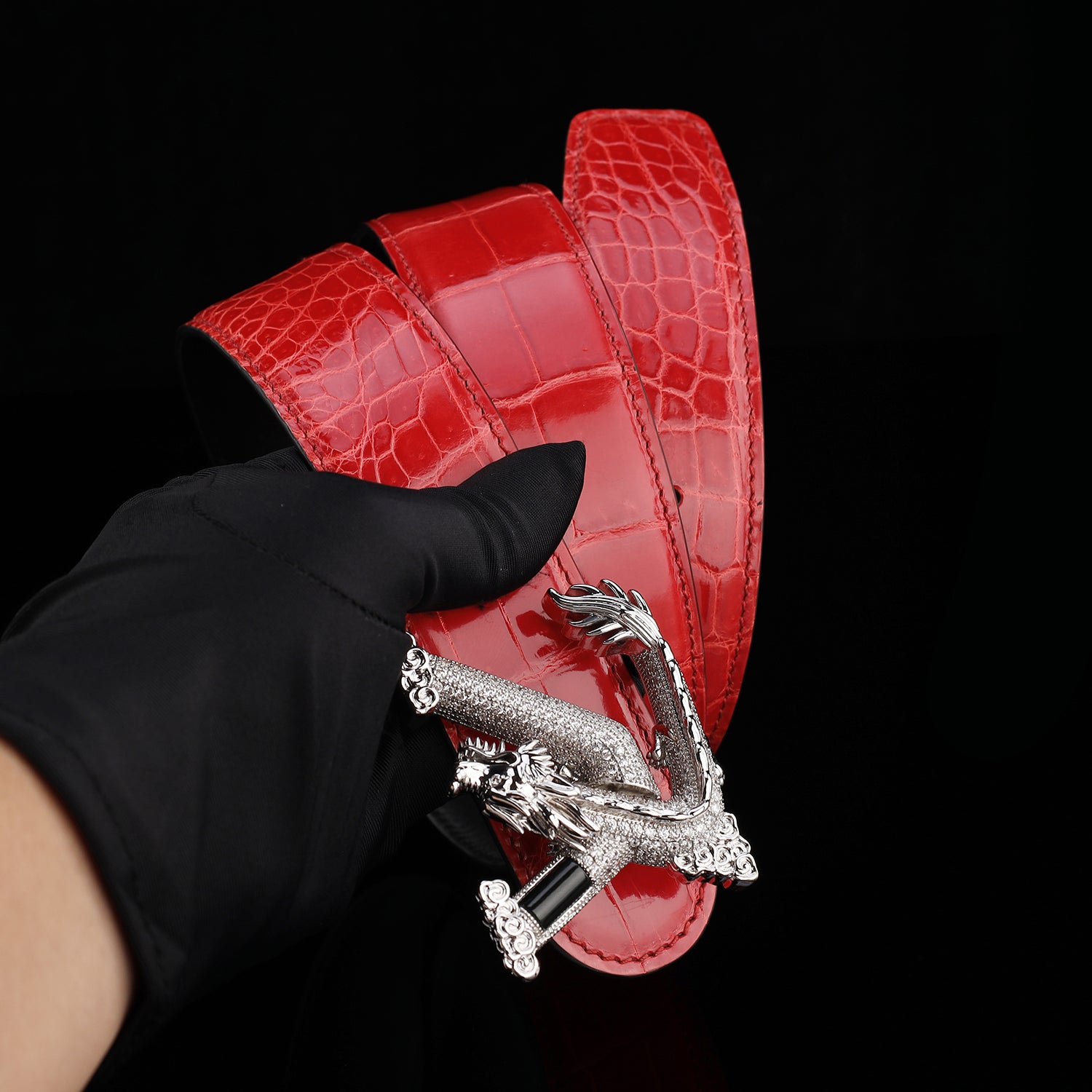 BELTLEY Glazed Imperial Ruby Red Crocodile Leather Belt – Premium Dragon Buckle
