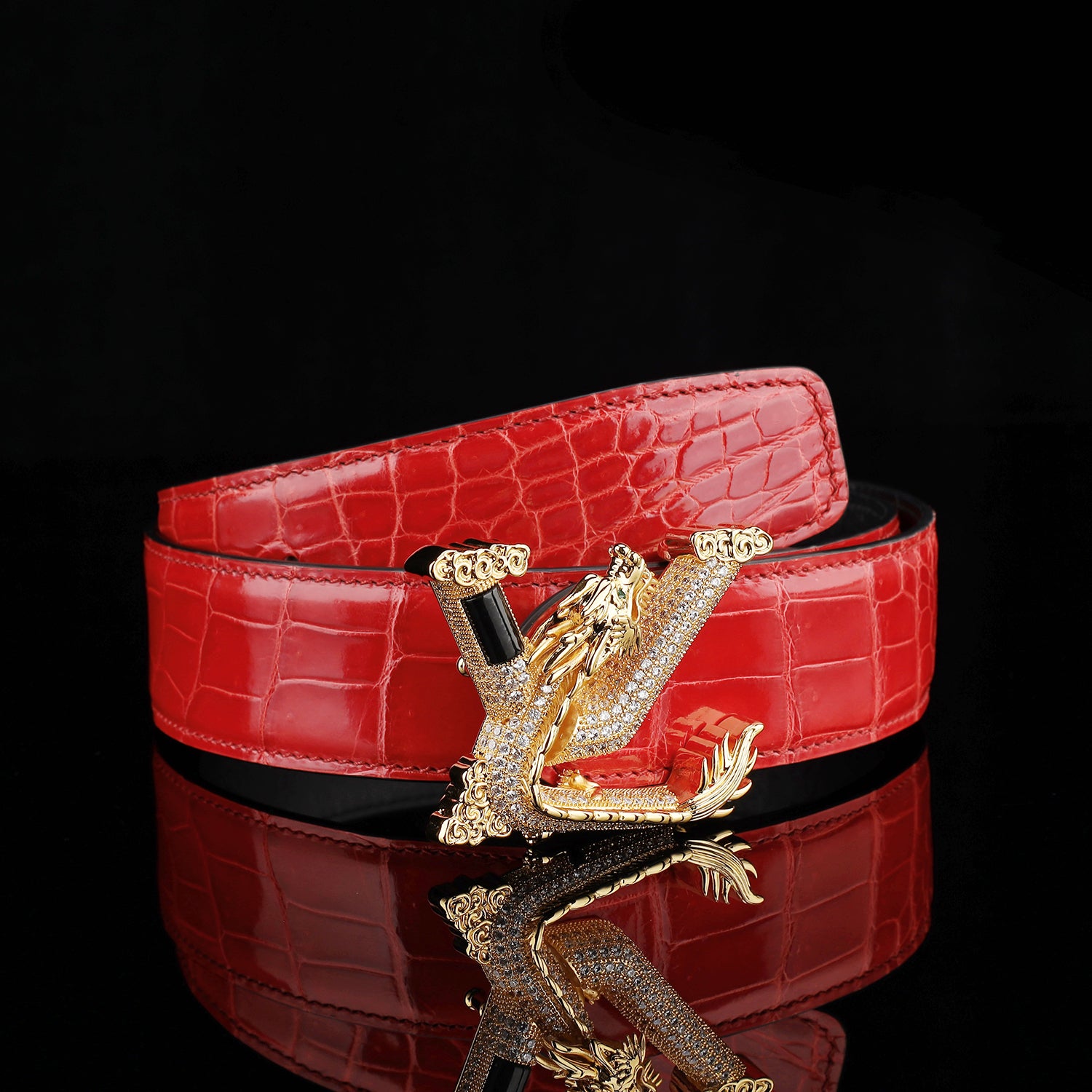 BELTLEY Glazed Imperial Ruby Red Crocodile Leather Belt – Premium Dragon Buckle