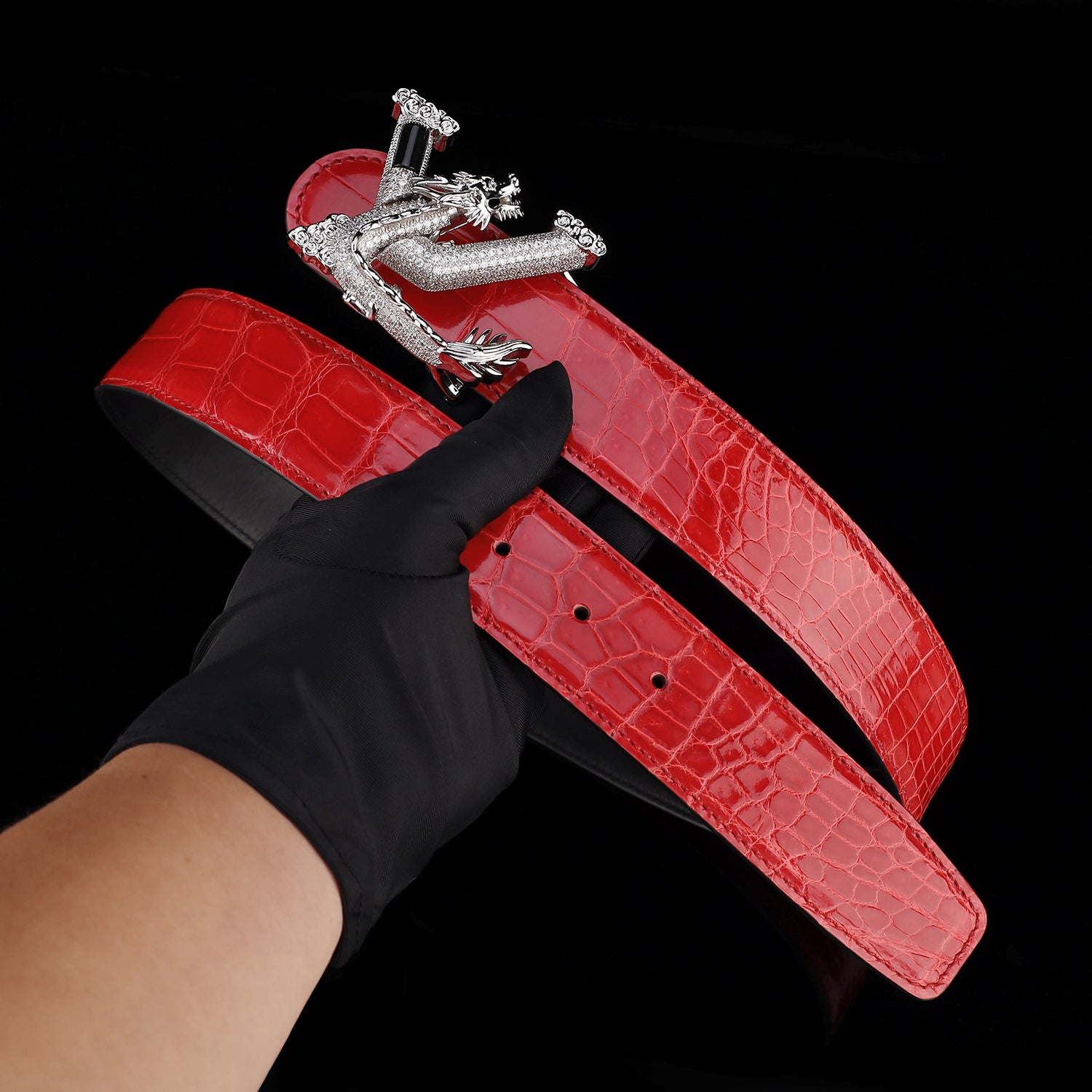 BELTLEY Glazed Imperial Ruby Red Crocodile Leather Belt – Premium Dragon Buckle