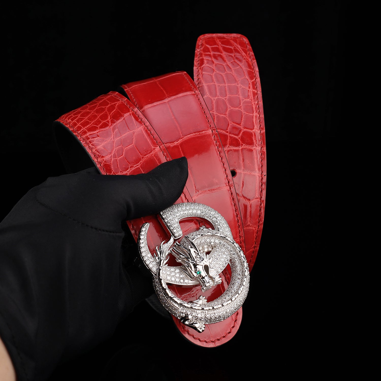 BELTLEY Glazed Red Crocodile Belt for Men with Dragon Buckle