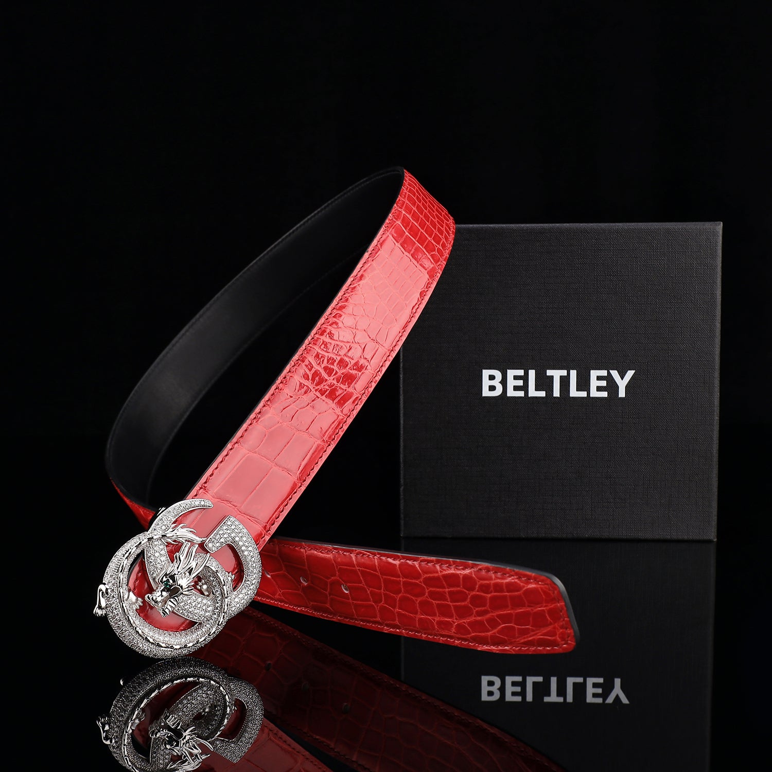 BELTLEY Glazed Red Crocodile Belt for Men with Dragon Buckle