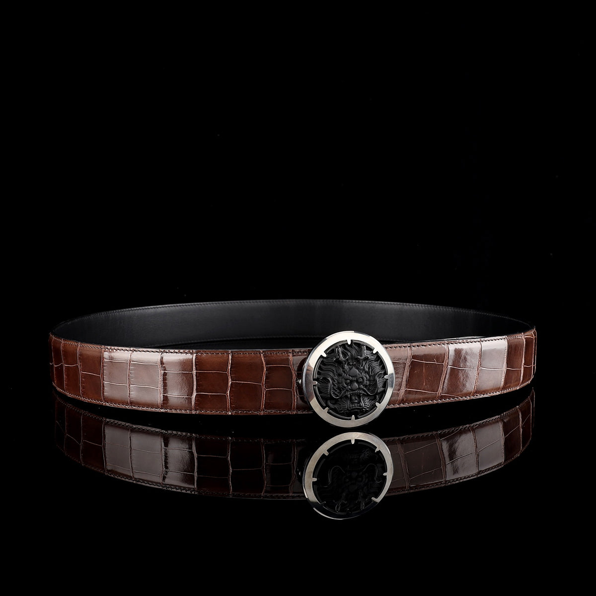 BELTLEY Glossy Alligator Belt with Tungsten Buckle for Men