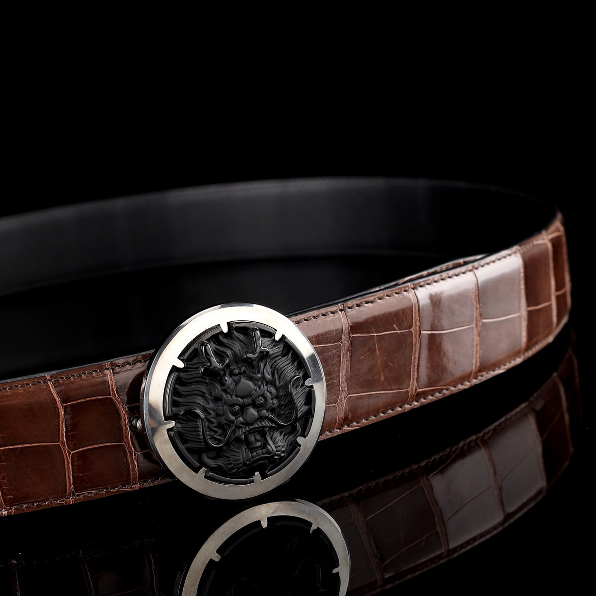 BELTLEY Glossy Alligator Belt with Tungsten Buckle for Men