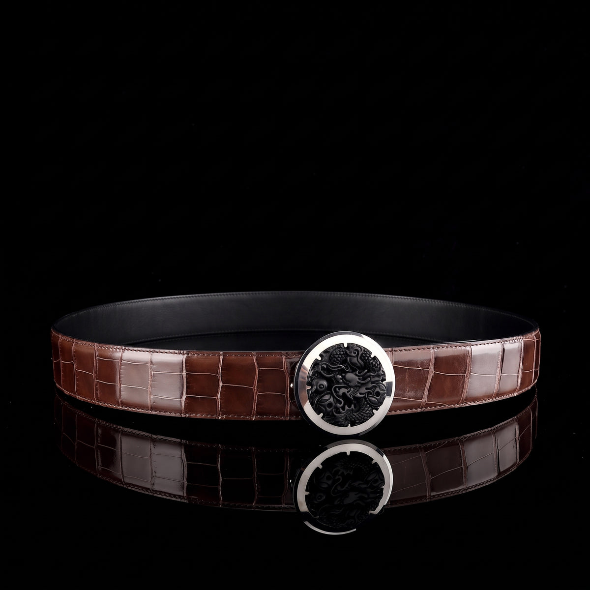 BELTLEY Glossy Alligator Belt with Tungsten Dragon Buckle
