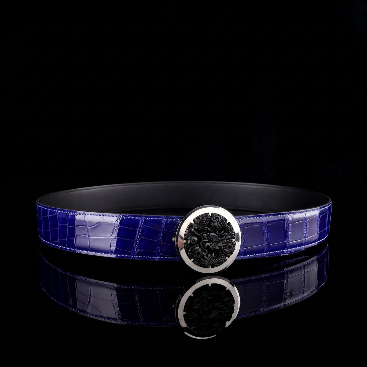 BELTLEY Glossy Alligator Belt with Tungsten Dragon Buckle