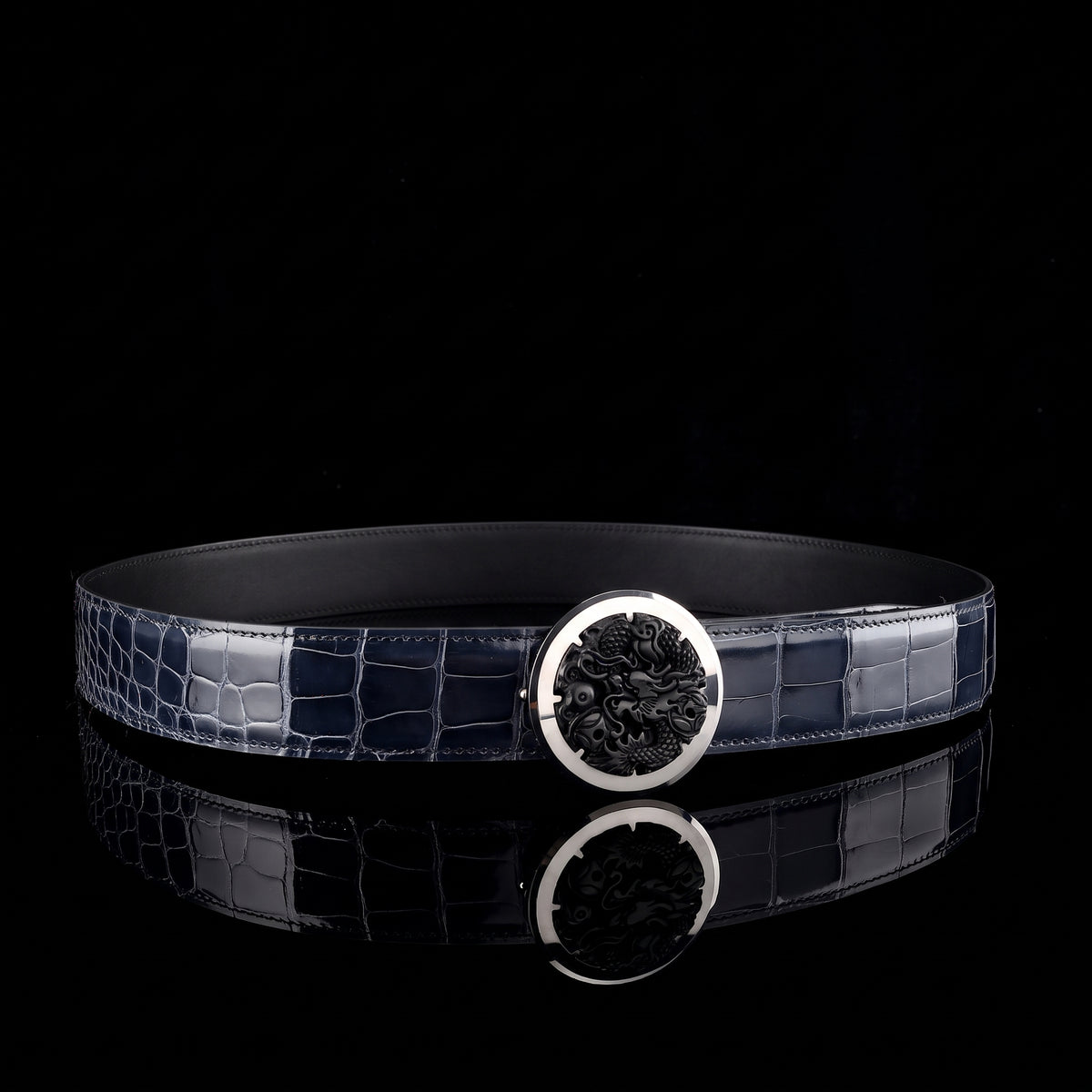 BELTLEY Glossy Alligator Belt with Tungsten Dragon Buckle