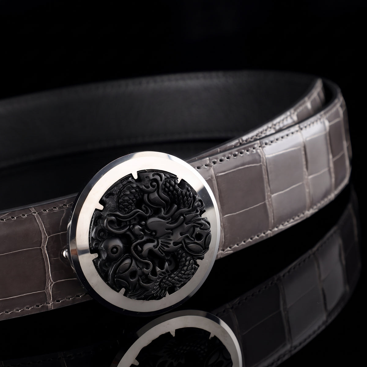 BELTLEY Glossy Alligator Belt with Tungsten Dragon Buckle