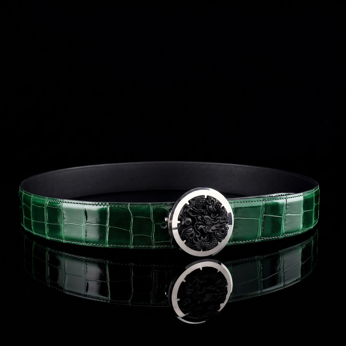 BELTLEY Glossy Alligator Belt with Tungsten Dragon Buckle