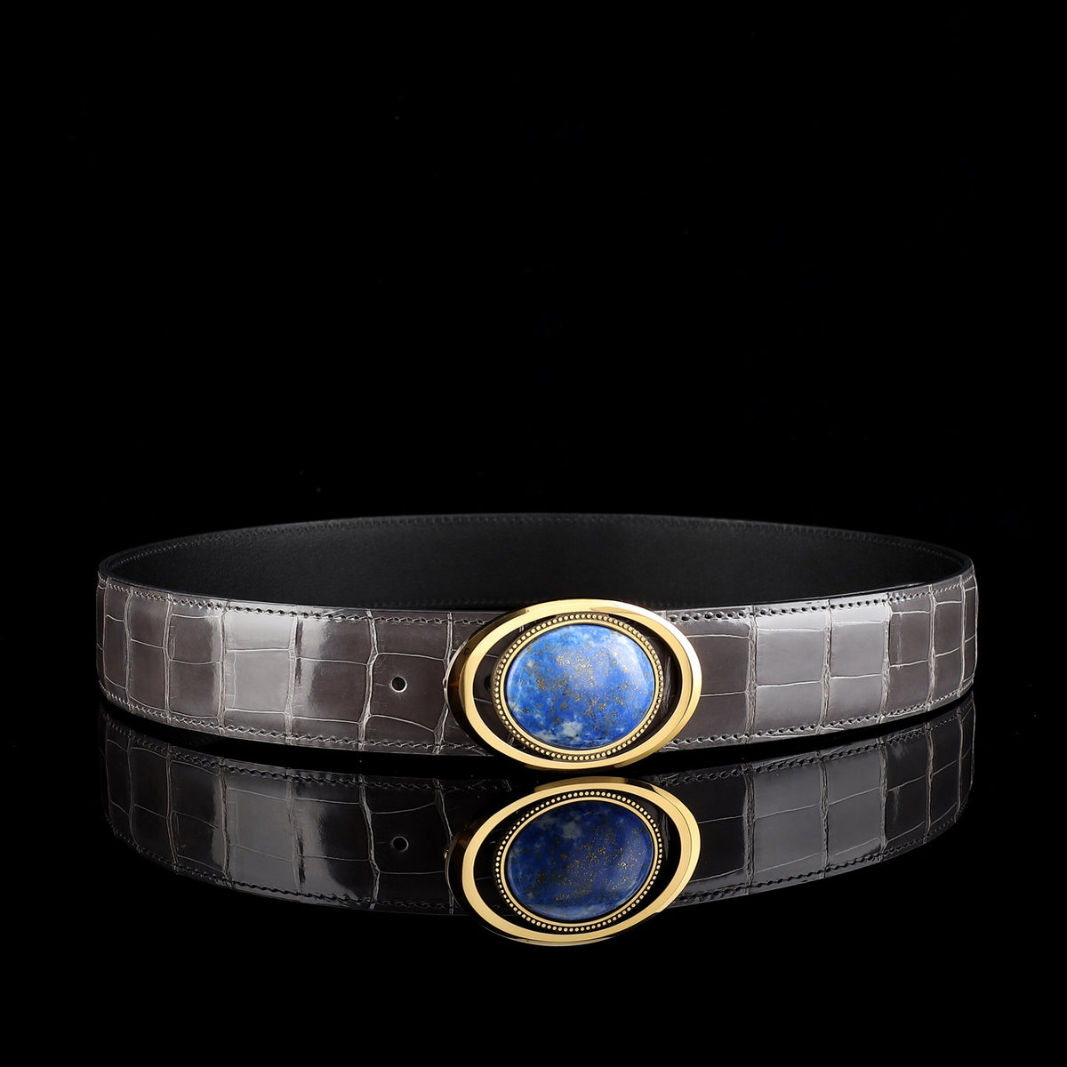 BELTLEY Glossy Alligator Belt with Tungsten Stone Buckle