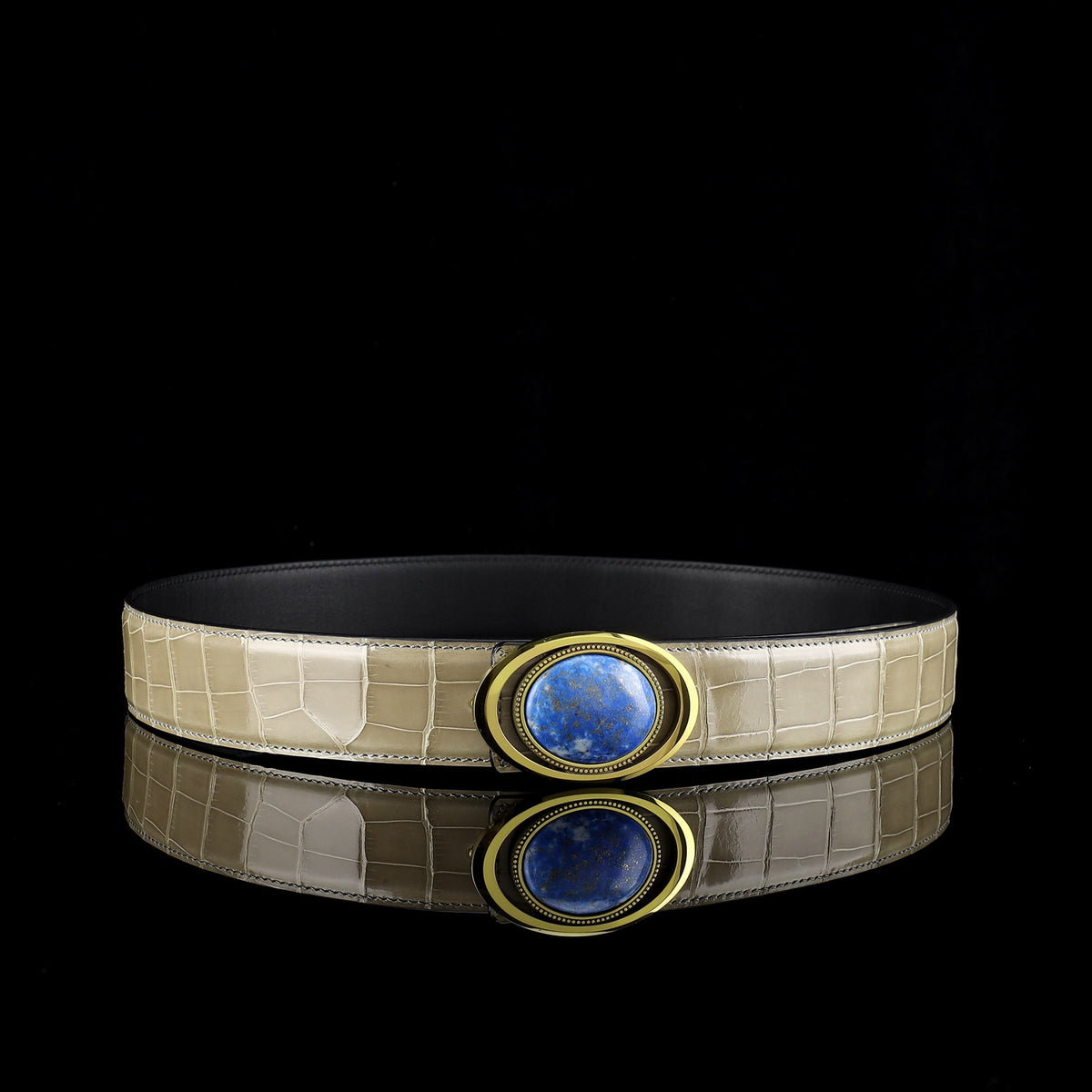 BELTLEY Glossy Alligator Belt with Tungsten Stone Buckle