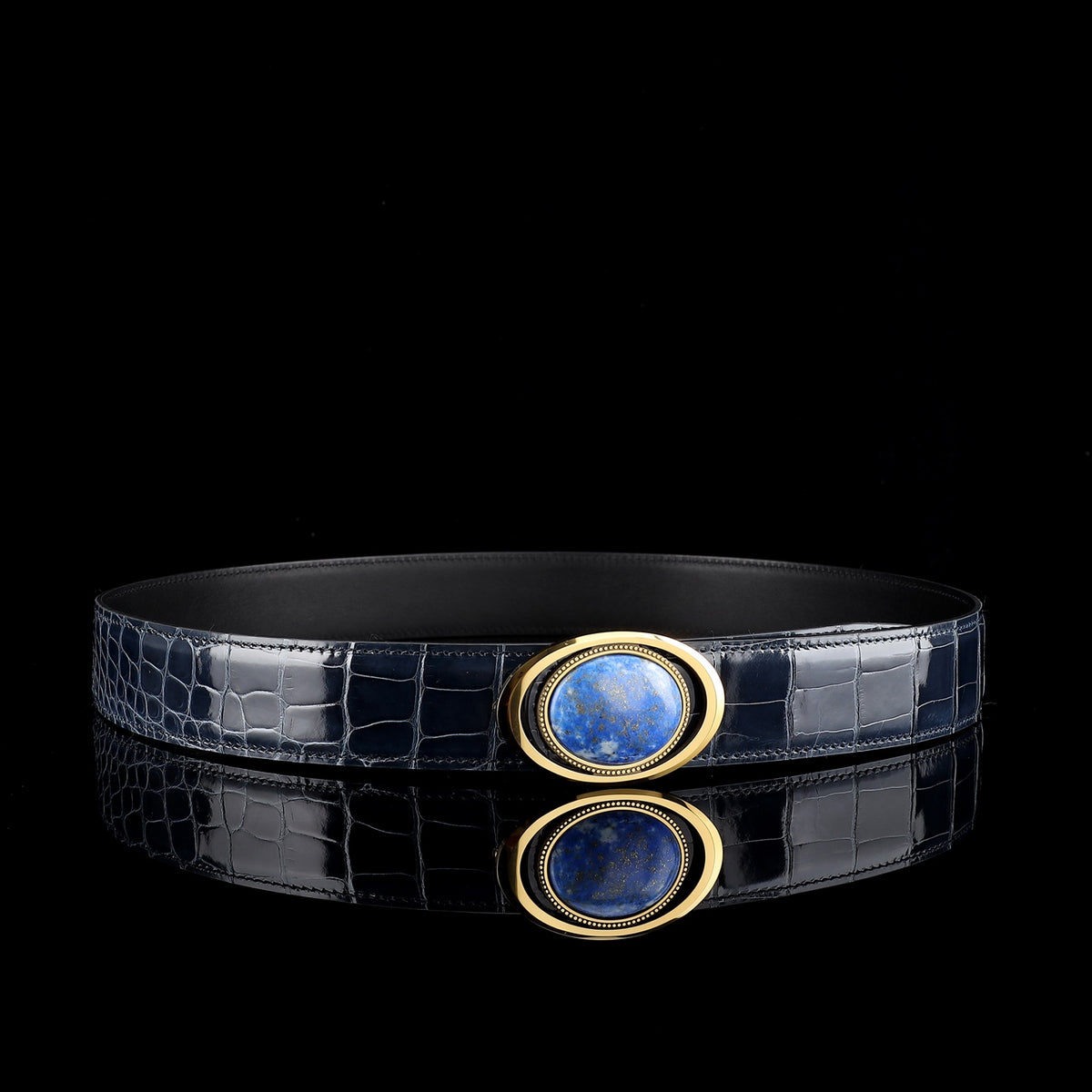 BELTLEY Glossy Alligator Belt with Tungsten Stone Buckle