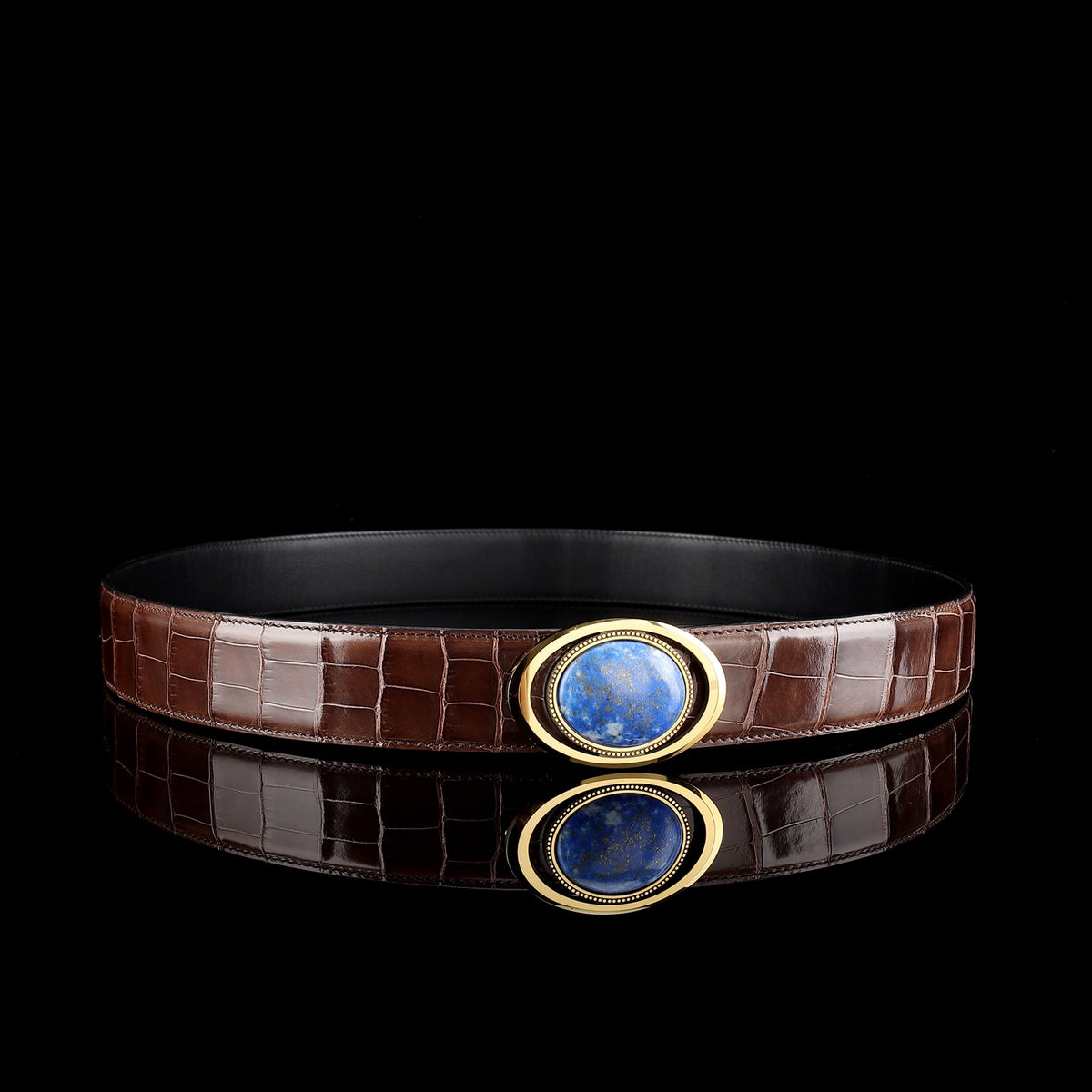BELTLEY Glossy Alligator Belt with Tungsten Stone Buckle