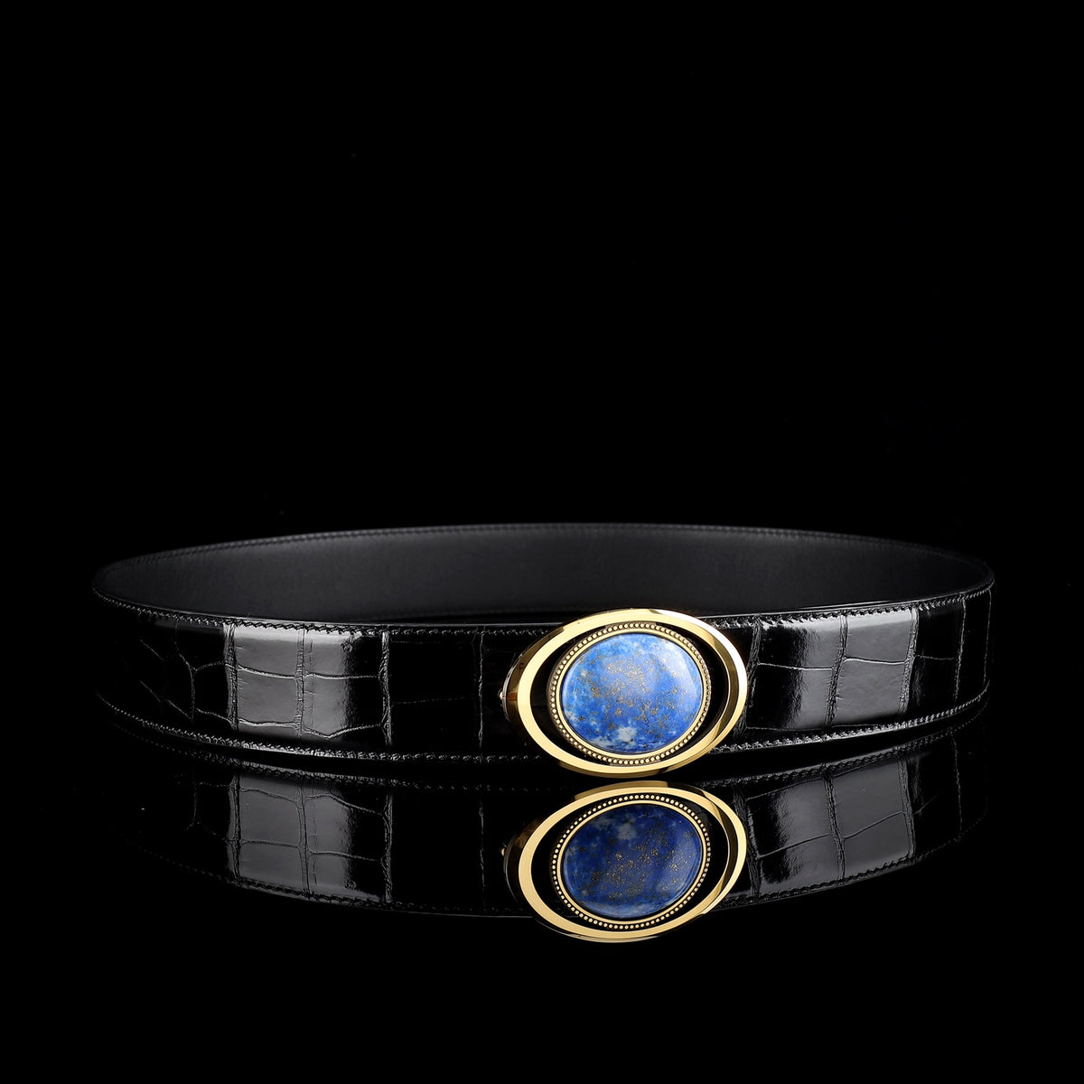 BELTLEY Glossy Alligator Belt with Tungsten Stone Buckle