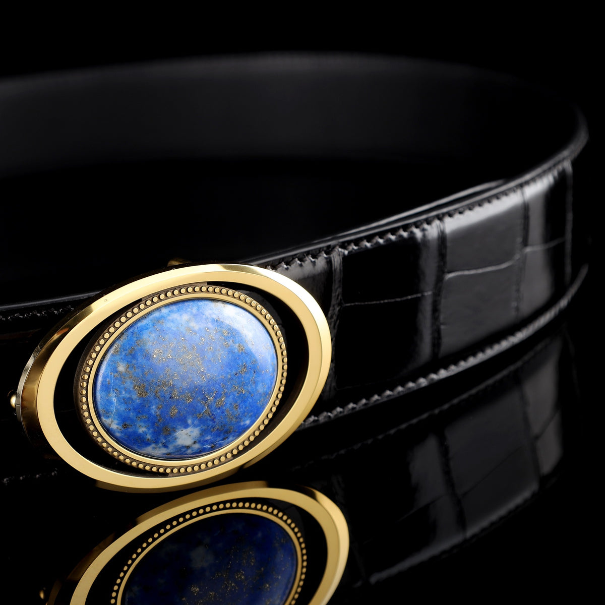 BELTLEY Glossy Alligator Belt with Tungsten Stone Buckle