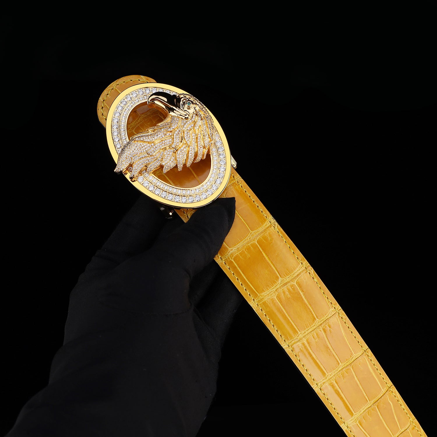 BELTLEY Glossy Amber Gold Crocodile Leather Belt-Rhinestone Buckle