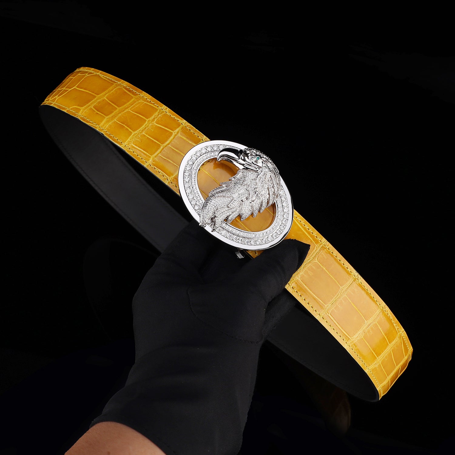BELTLEY Glossy Amber Gold Crocodile Leather Belt-Rhinestone Buckle
