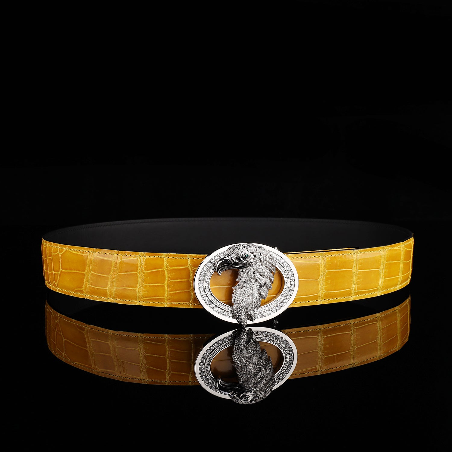 BELTLEY Glossy Amber Gold Crocodile Leather Belt-Rhinestone Buckle