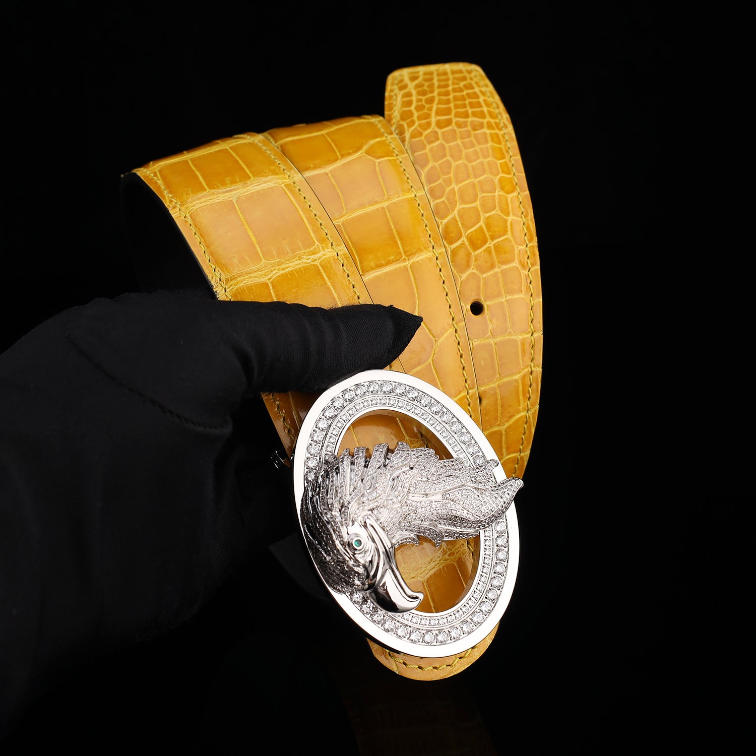 BELTLEY Glossy Amber Gold Crocodile Leather Belt-Rhinestone Buckle