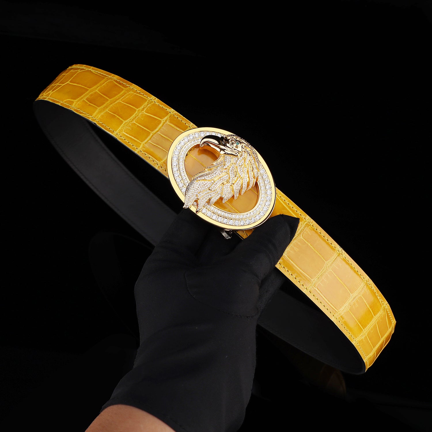 BELTLEY Glossy Amber Gold Crocodile Leather Belt-Rhinestone Buckle
