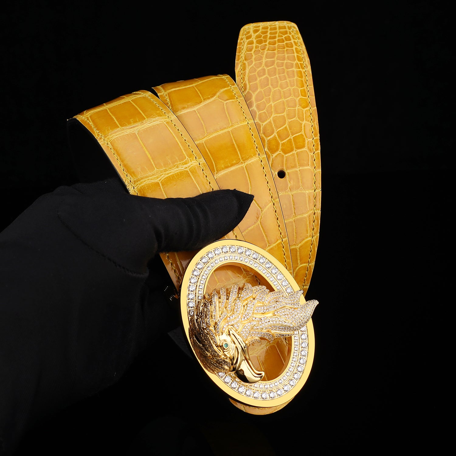 BELTLEY Glossy Amber Gold Crocodile Leather Belt-Rhinestone Buckle