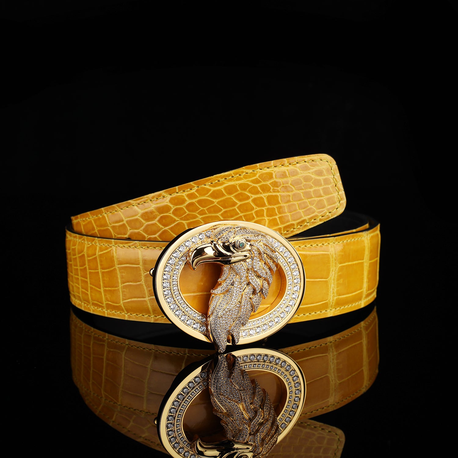 BELTLEY Glossy Amber Gold Crocodile Leather Belt-Rhinestone Buckle