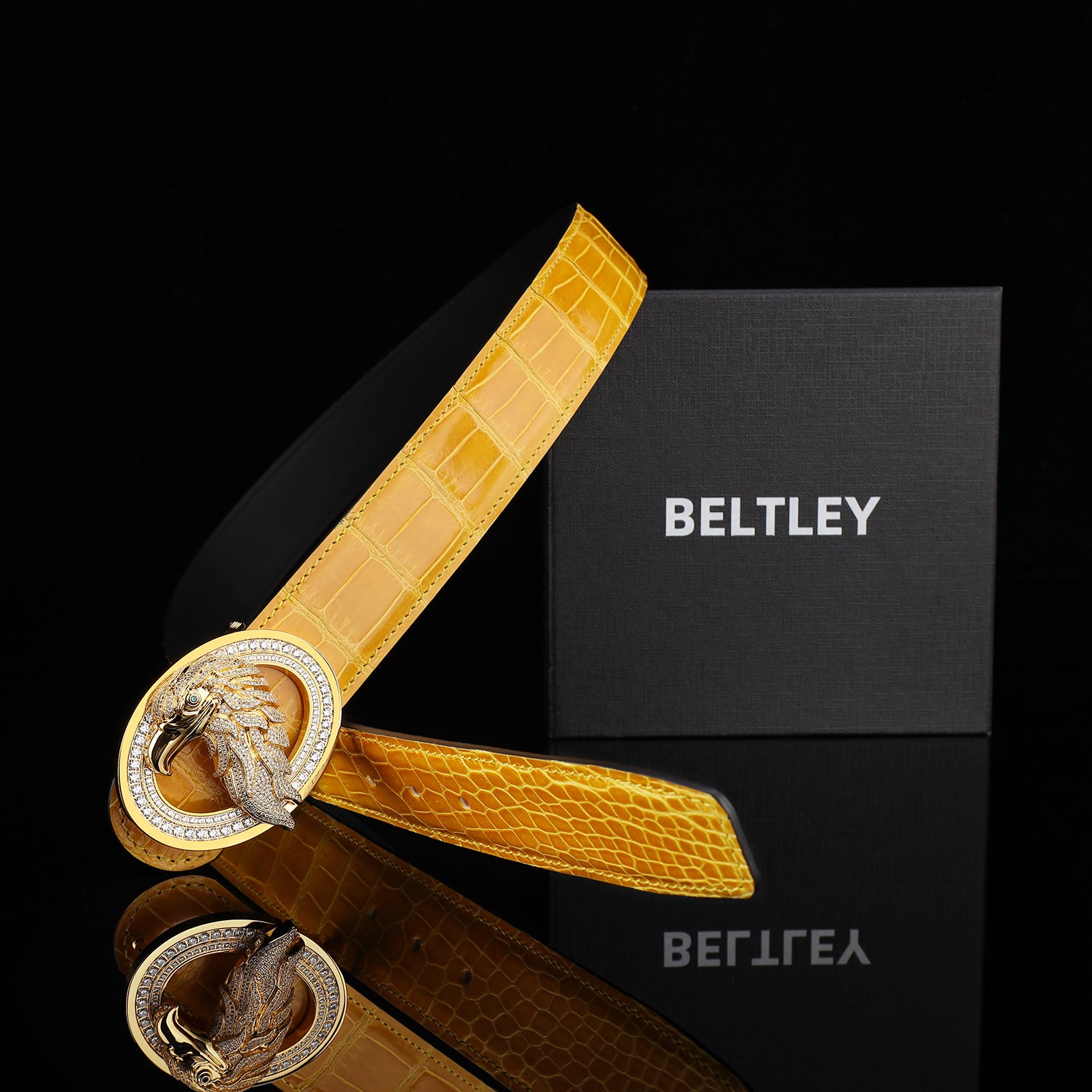 BELTLEY Glossy Amber Gold Crocodile Leather Belt-Rhinestone Buckle