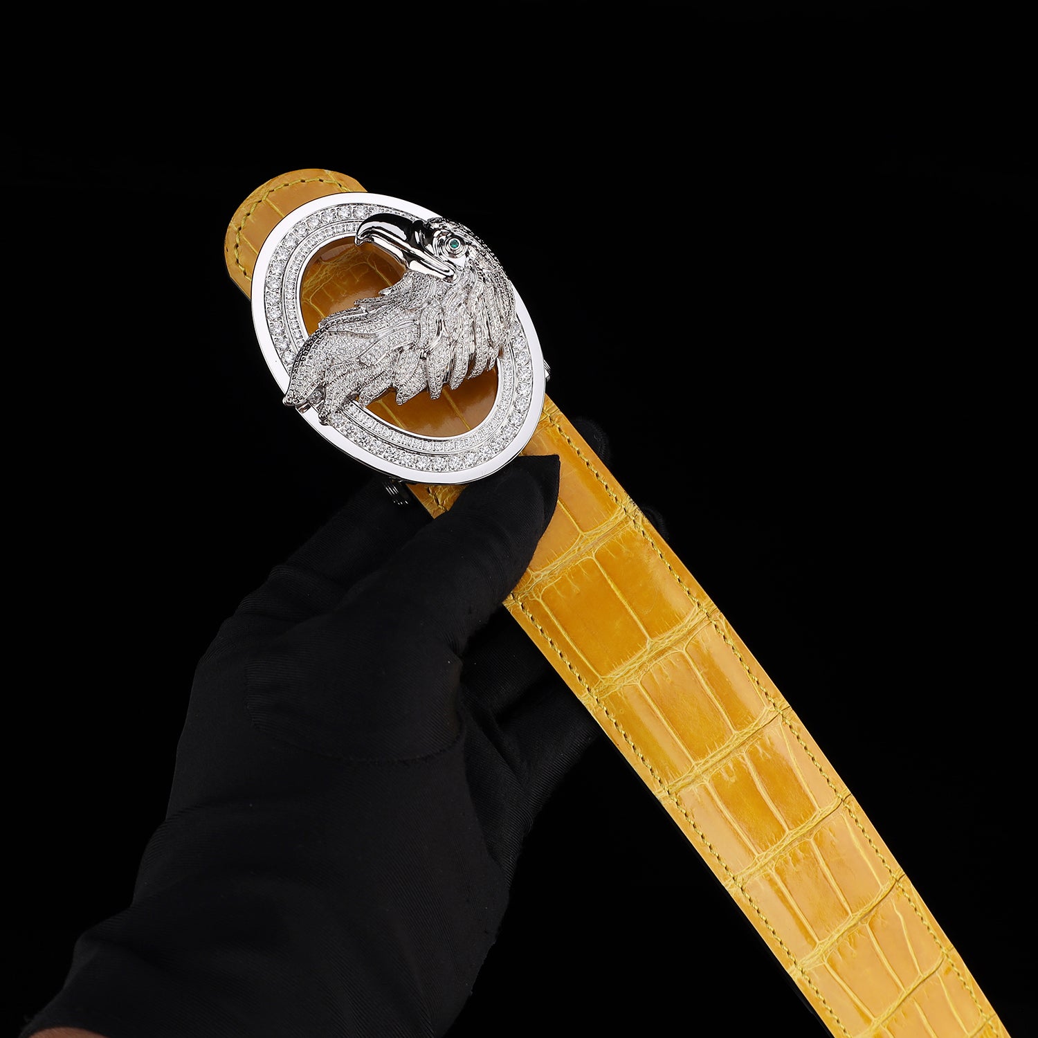 BELTLEY Glossy Amber Gold Crocodile Leather Belt-Rhinestone Buckle
