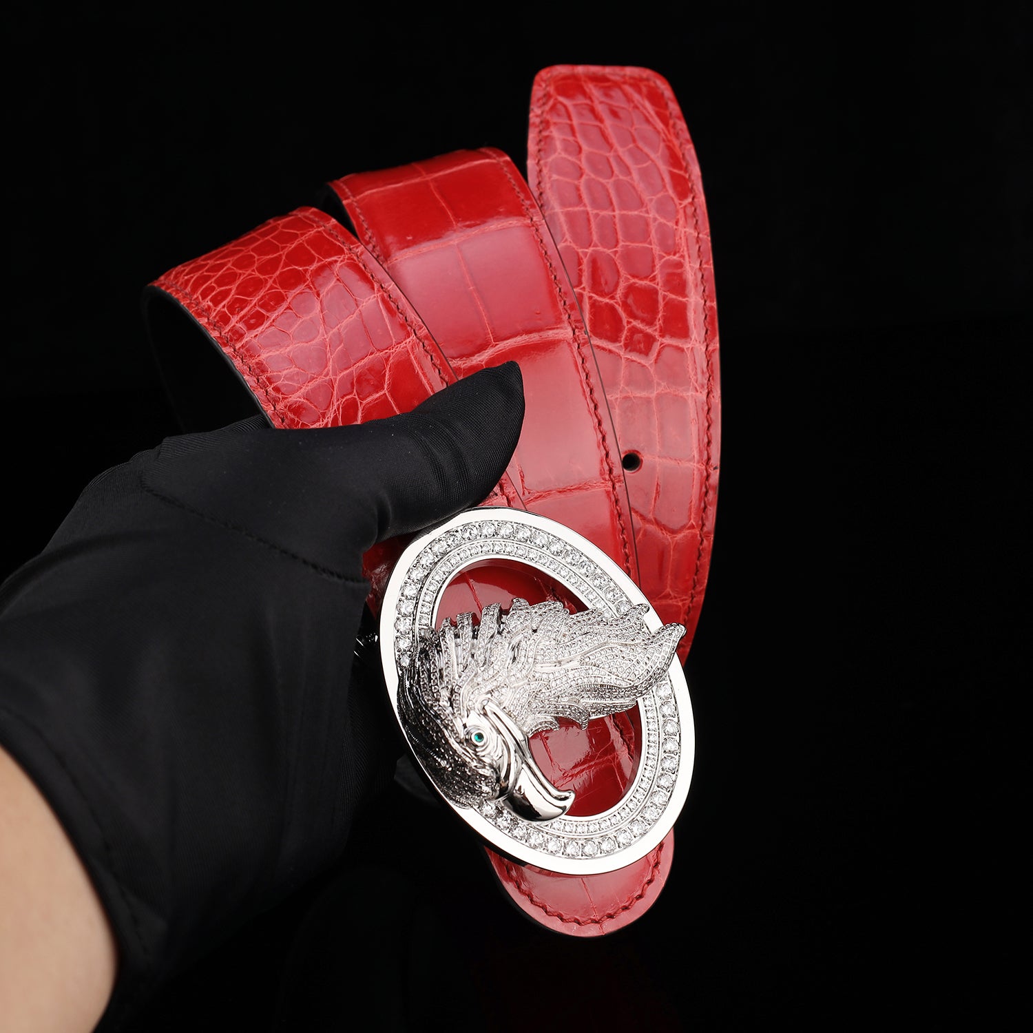 BELTLEY Glossy Imperial Ruby Red Crocodile Belt – Eagle Buckle