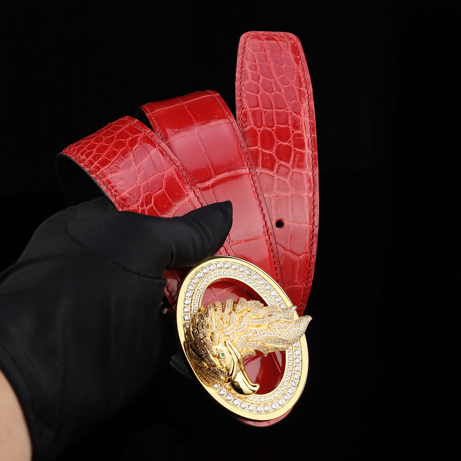 BELTLEY Glossy Imperial Ruby Red Crocodile Belt – Eagle Buckle