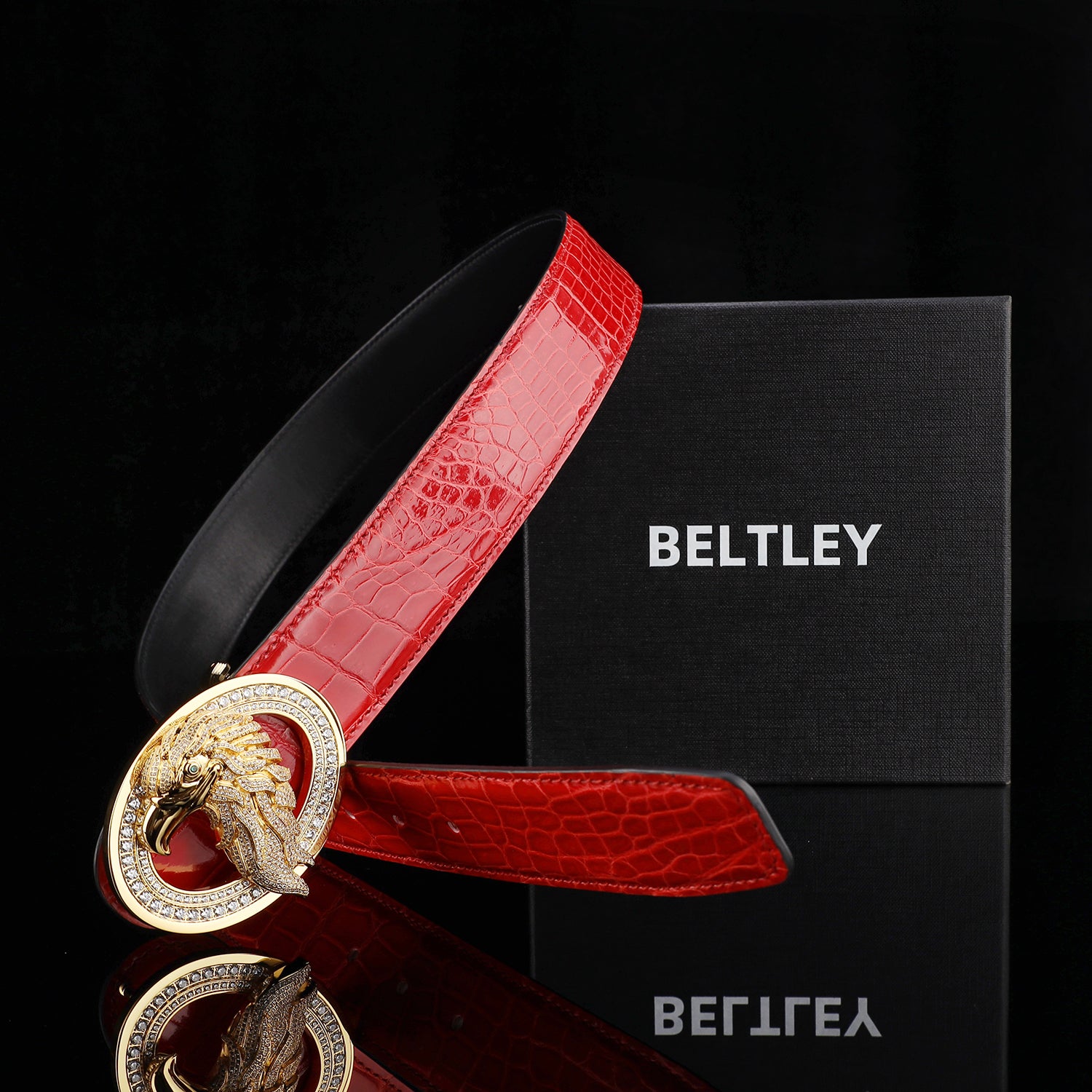 BELTLEY Glossy Imperial Ruby Red Crocodile Belt – Eagle Buckle
