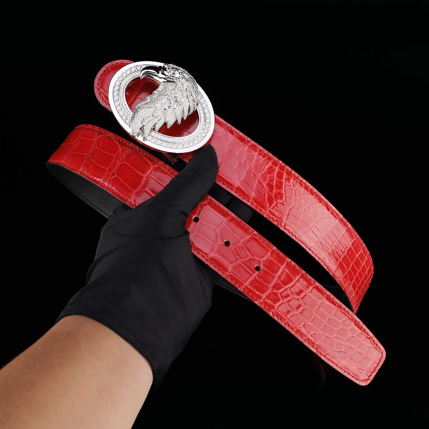 BELTLEY Glossy Imperial Ruby Red Crocodile Belt – Eagle Buckle