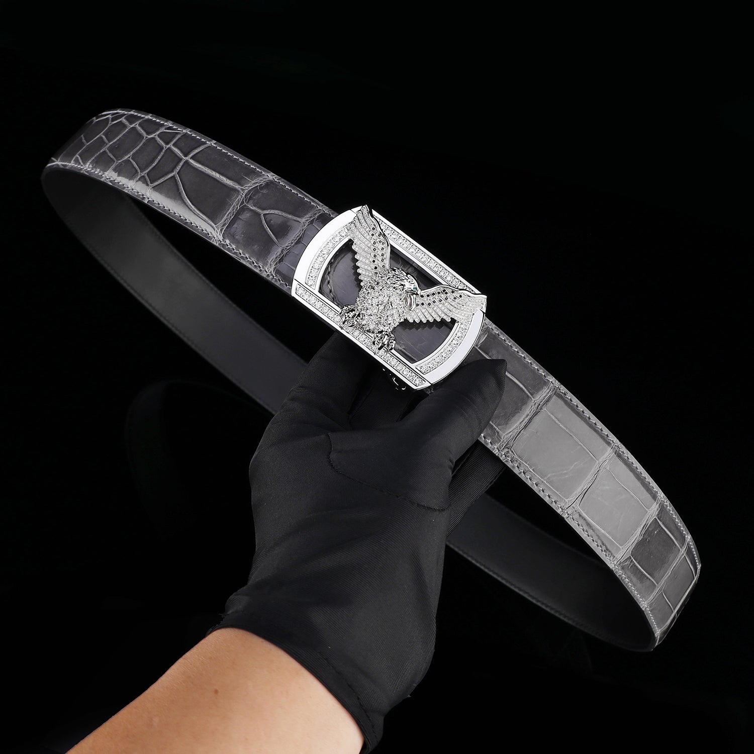 BELTLEY Graphite Gray Glazed Nile Crocodile Leather Belt