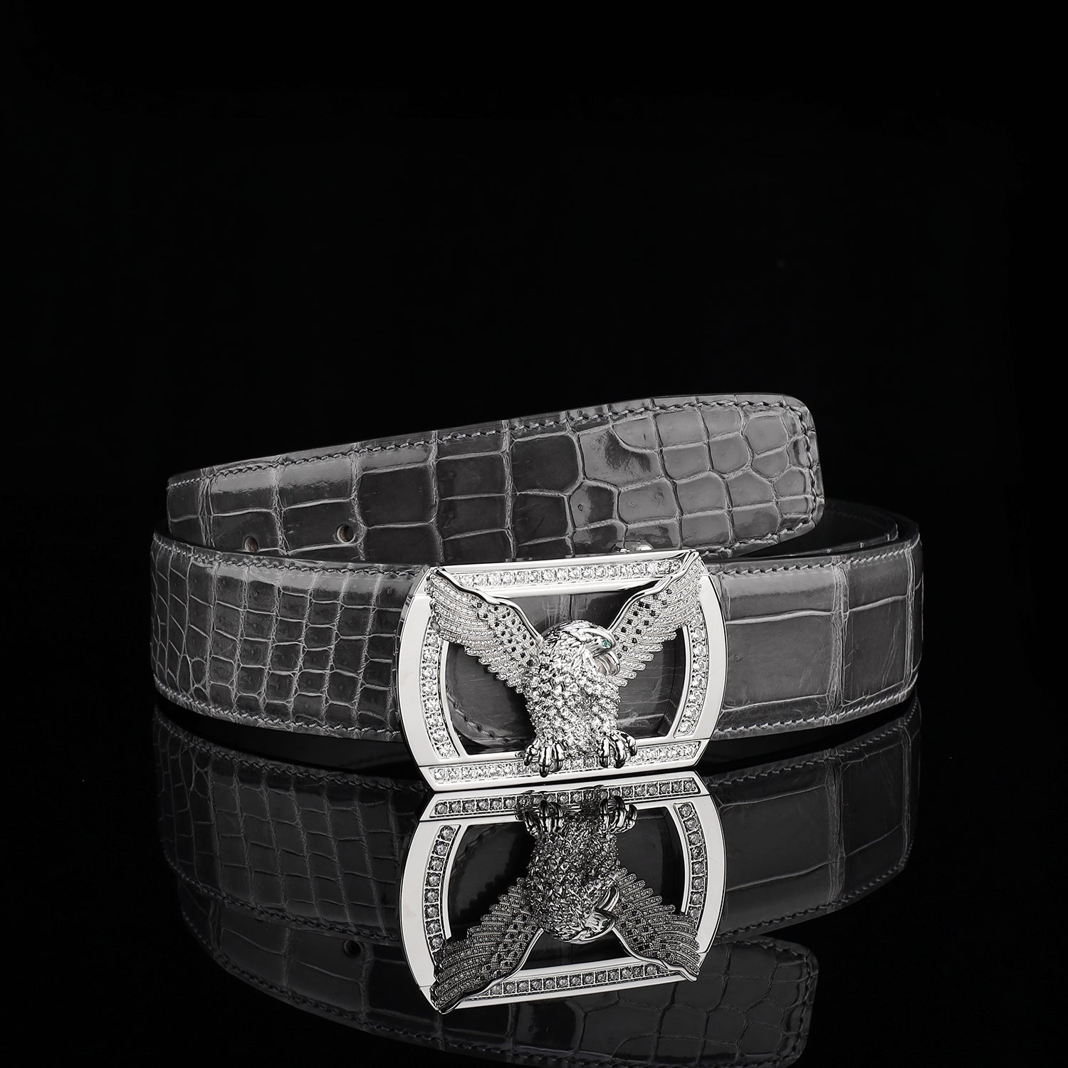 BELTLEY Graphite Gray Glazed Nile Crocodile Leather Belt
