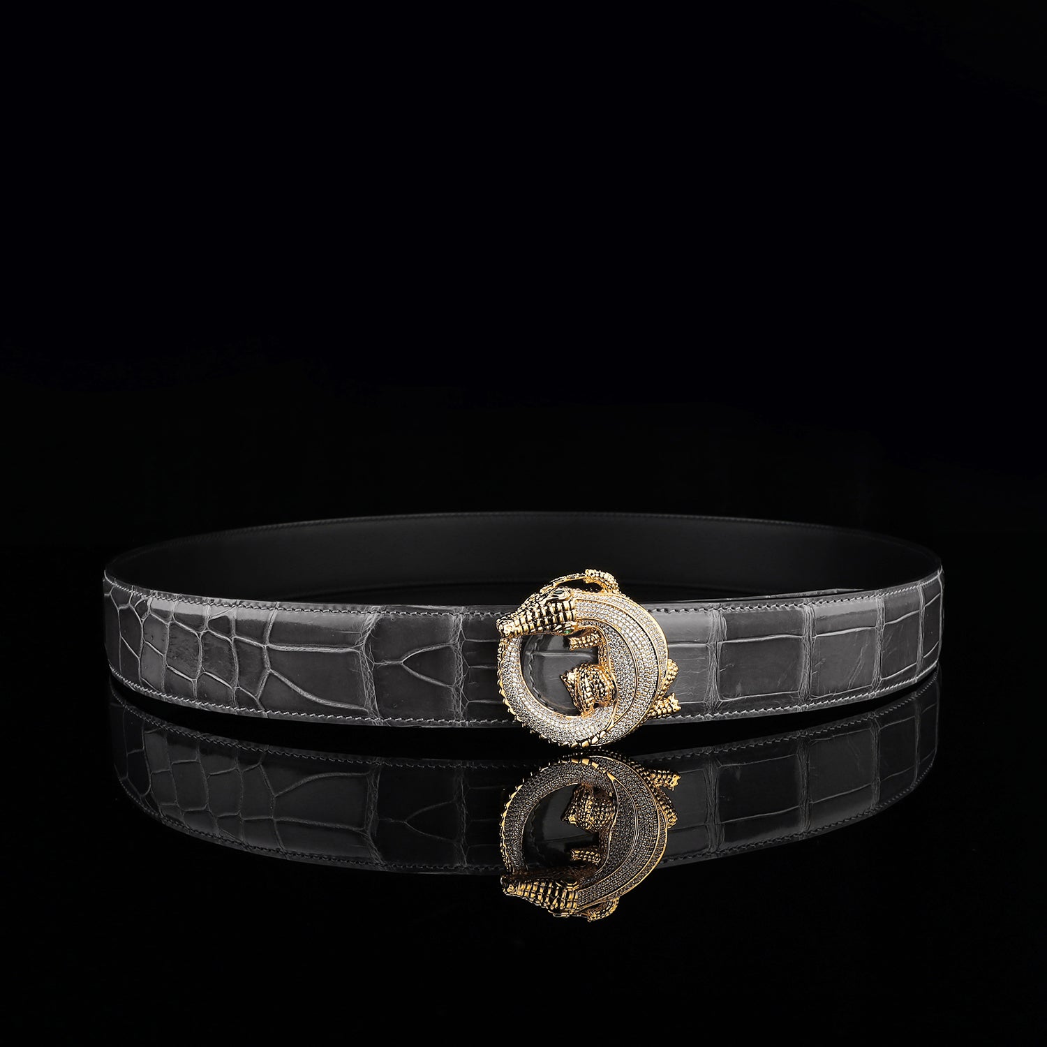 BELTLEY Graphite Gray Glossy Crocodile Leather Belt